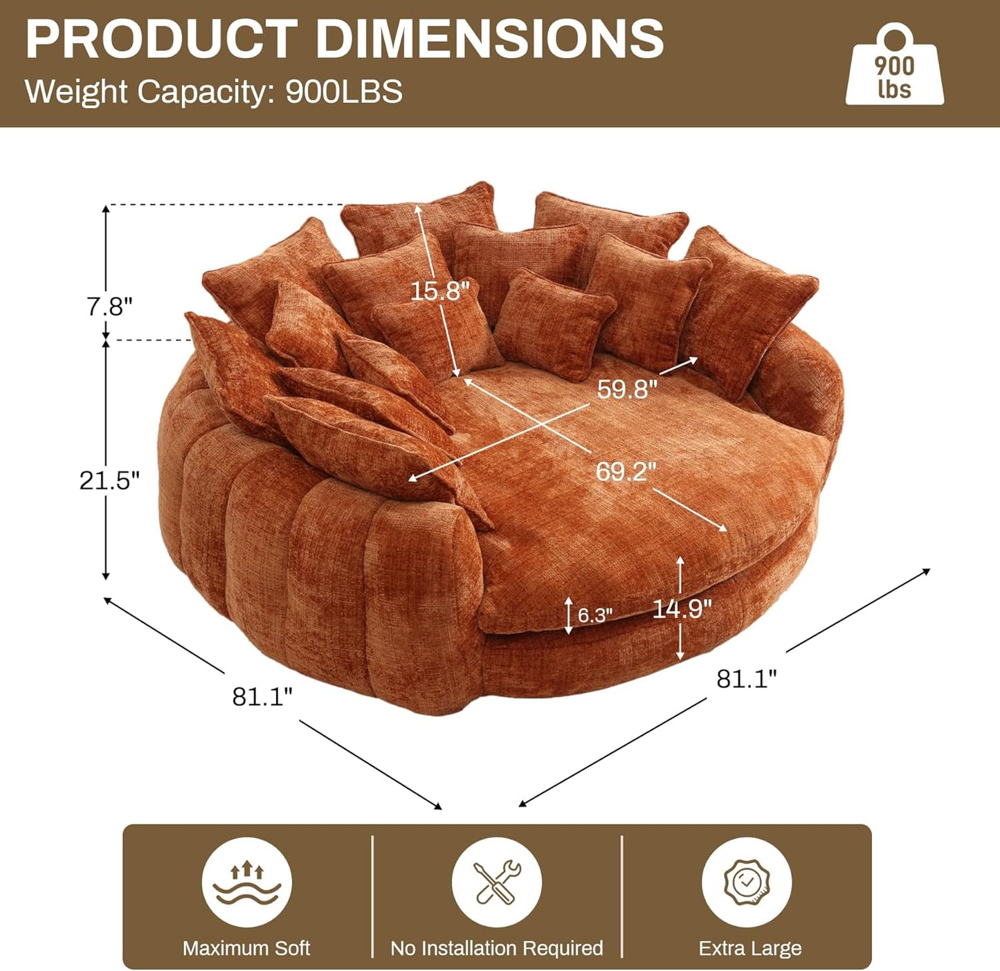 81.1" W Oversized Round Chaise Lounge, Fluffy Lazy Bean Bag Sofa with 14 Pillows, Comfy Chenille Upholstered Barrel Sleeper Bed, Modern Deep Seat Cloud Couch for Living Room, Orange