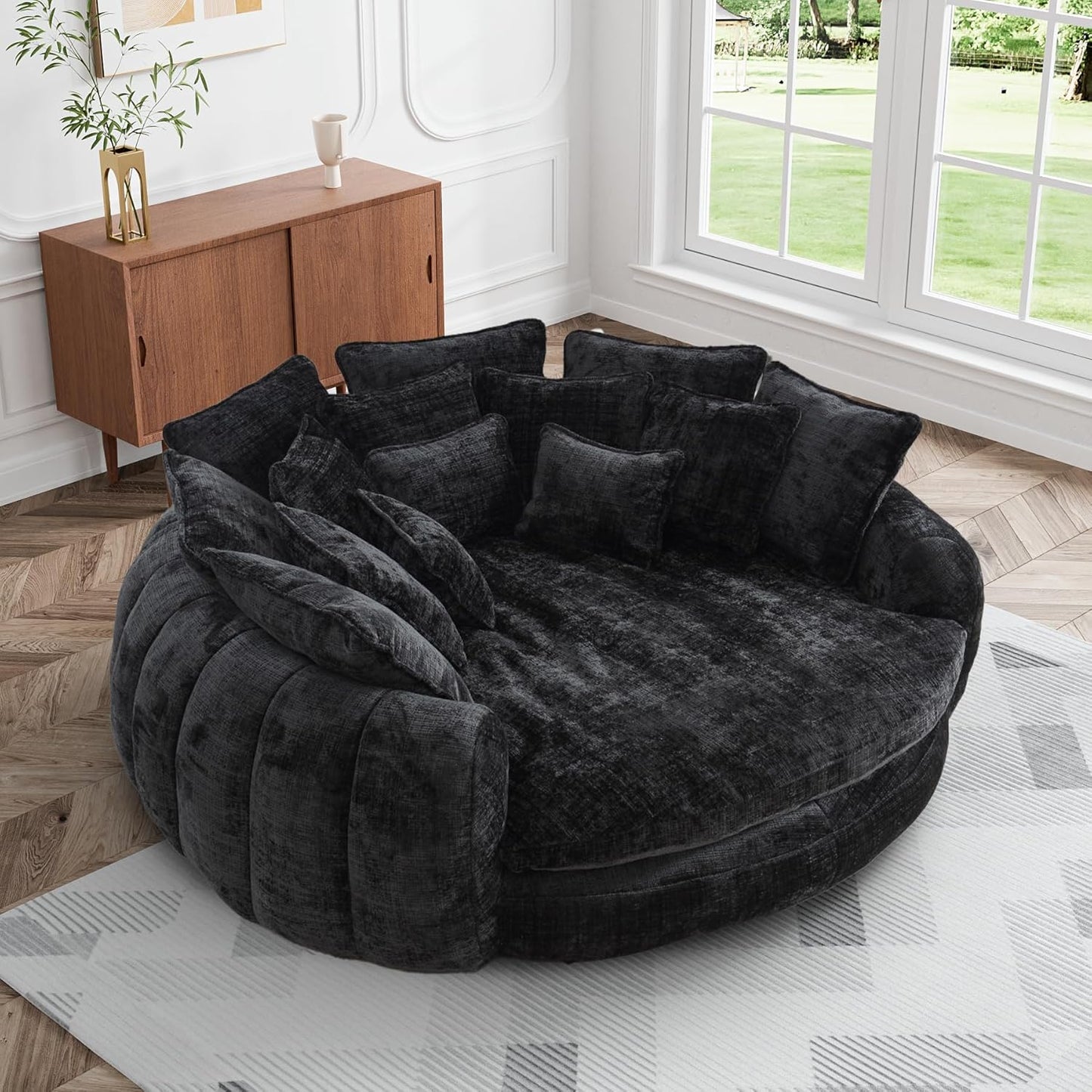 81.1" W Oversized Round Chaise Lounge, Fluffy Lazy Bean Bag Sofa with 14 Pillows, Comfy Chenille Upholstered Barrel Sleeper Bed, Modern Deep Seat Cloud Couch for Living Room, Orange