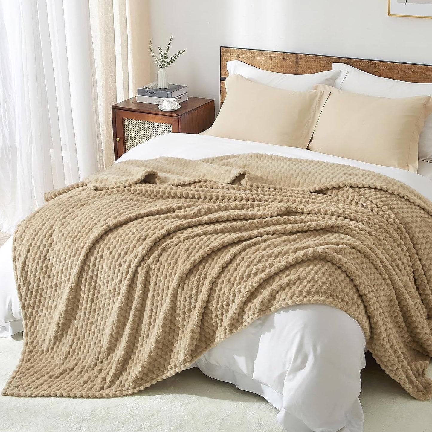 PHF Ultra Soft Flannel Fleece Blanket Queen Size, Lightweight 3D Jacquard Fleece Blanket, No Shedding, No Pilling, Luxury 340GSM Aesthetic Fluffy Cozy for Bed Room Decor, 90"x90", Camel/Light Khaki