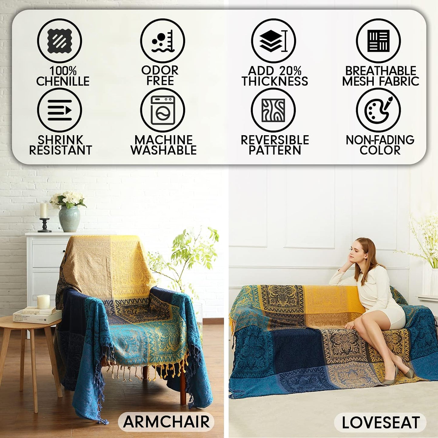 Bohemian Tribal Throws Blankets Reversible Colorful Red Blue Boho Hippie Chenille Jacquard Fabric Throw Covers Large Couch Furniture Sofa Chair Loveseat Recliner Oversized (Blue, S:75x60)