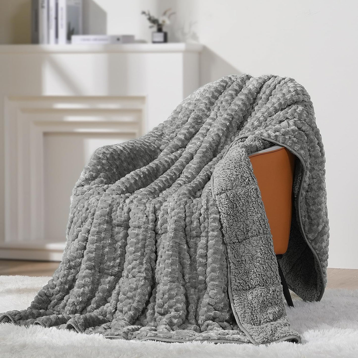 Mr. Sandman Weighted Blankets for Adults Queen Size 15lbs, Warm Sherpa Fleece Throw Blanket for Sleep and Calm, Soft Cozy Heavy Bed Blanket with Jacquard Flannel, 60 x 80 Inches, Cream White