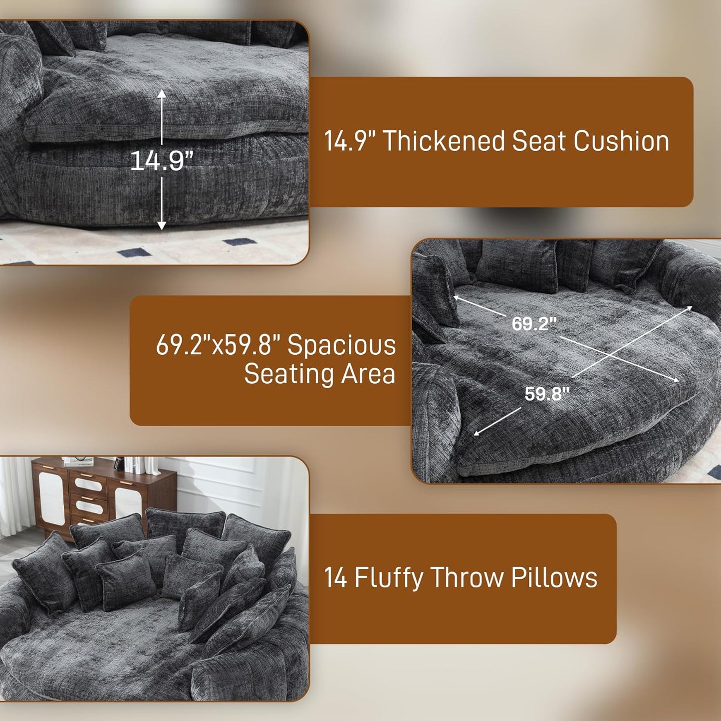 81” Oversized Upholstered Sofa Bed, Round Chaise Lounge Chair Indoor, Fluffy Plush Chaise Lounge, Modern Chenille Cloud Couch with Deep Seat, Comfy Bean Bag Chiar for Living Room Apartment, Dark Grey
