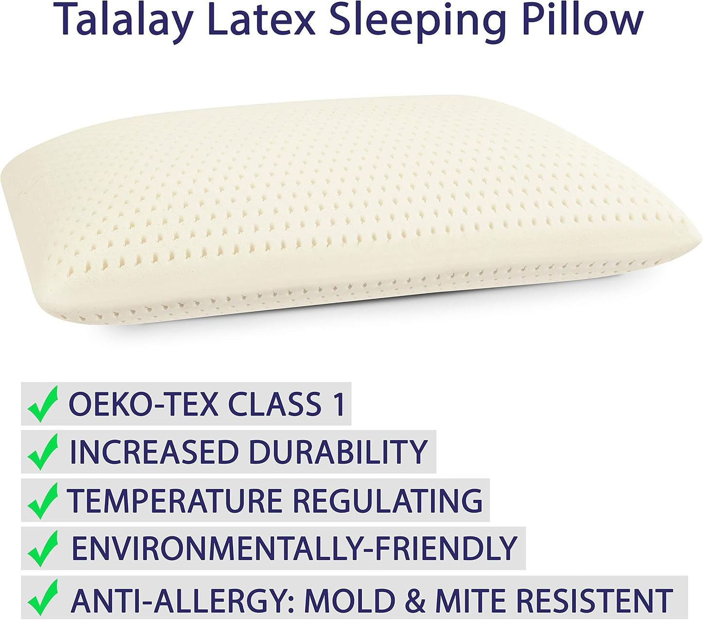 RejuveNite® American Talalay Latex Pillow - Medium Support, Queen High Profile - 100% Cotton Sateen Cover – Made in USA