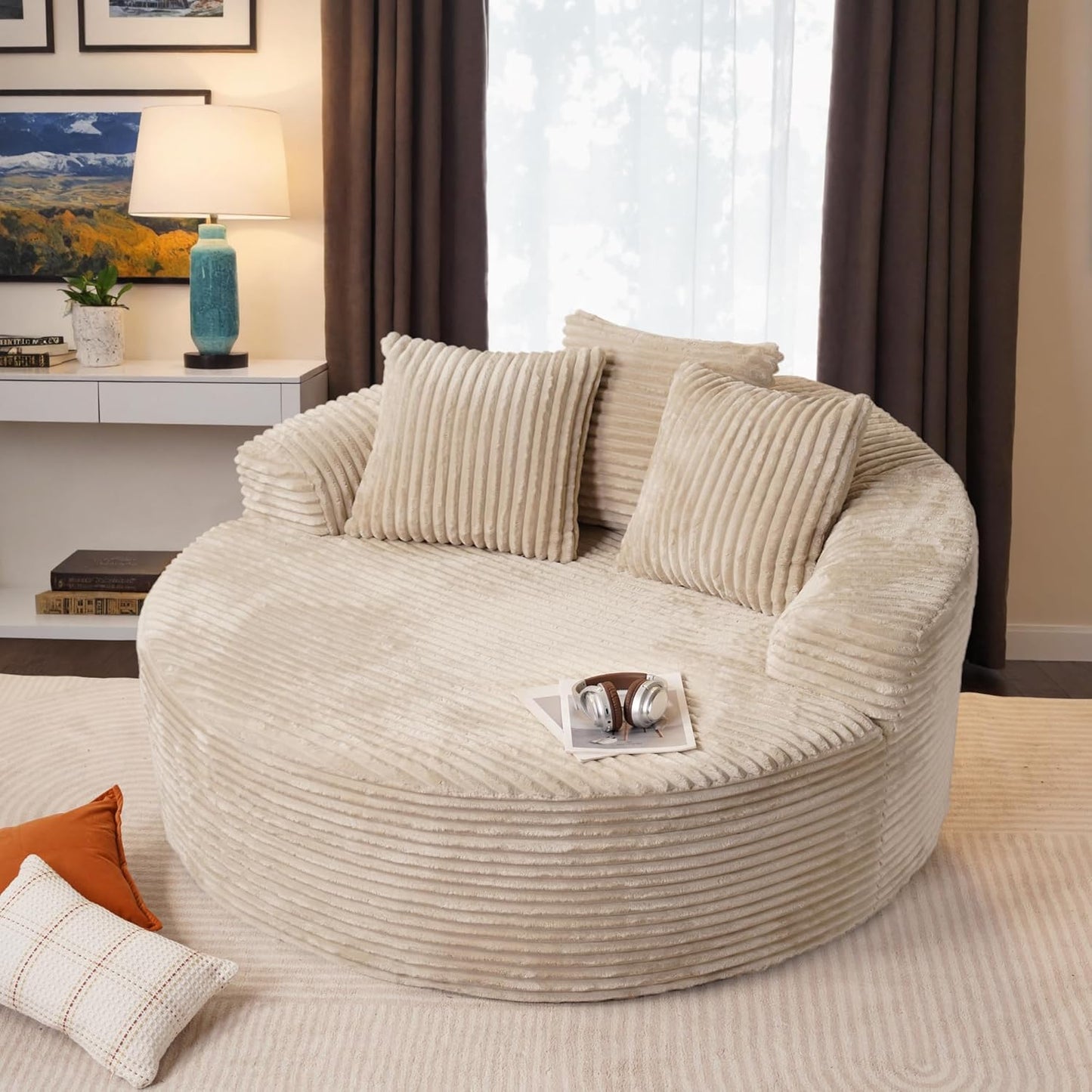 ovios 58" Oversized Round Chair Lounge Chaise Indoor, No Assembly Required, Cloud Large Circle Chair with Plush Fuax Fur, Fluffy Modern Sleeper Sofa Bed for Reading Yoga, Black (Plush Corduroy Fabric)