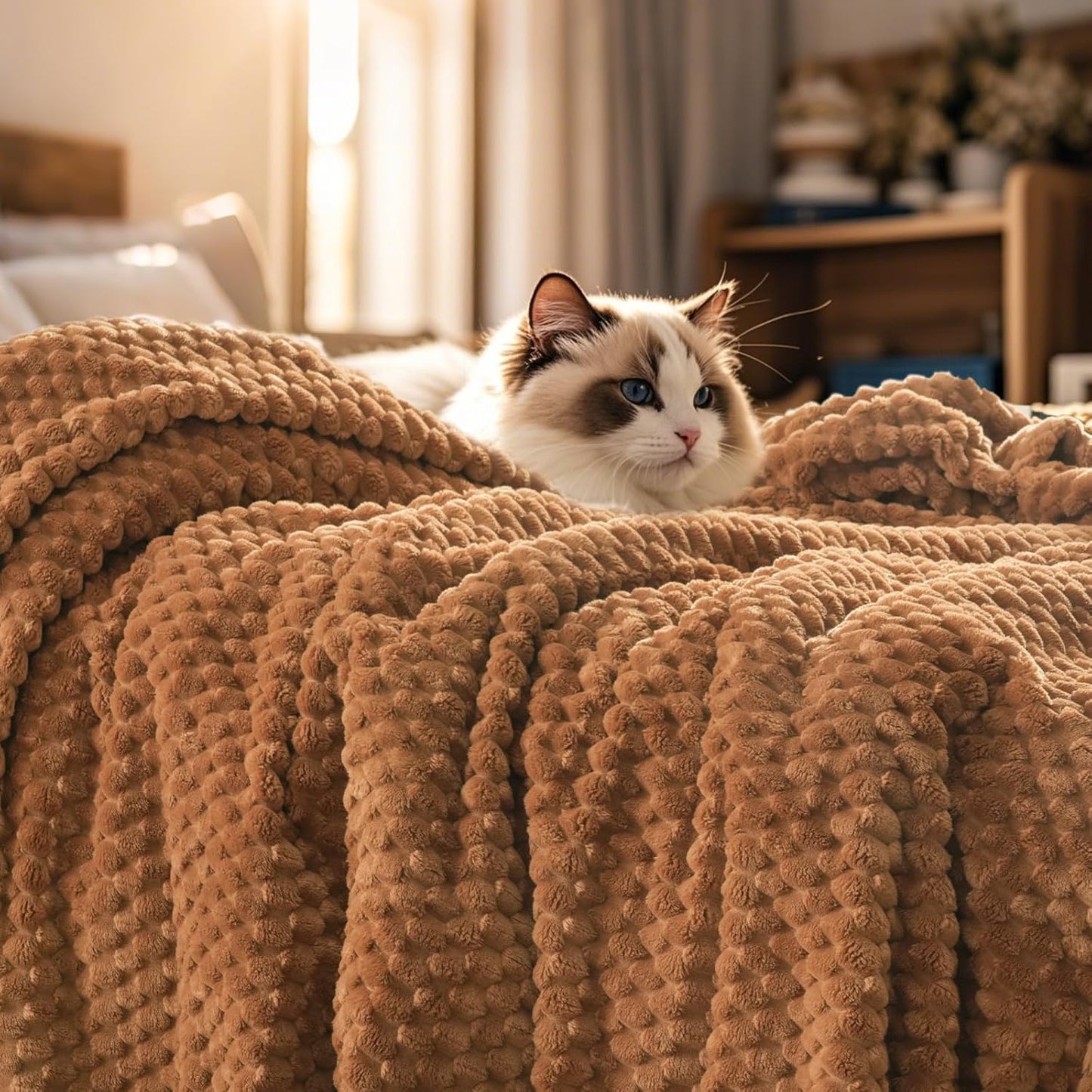 PHF Ultra Soft Flannel Fleece Blanket Queen Size, Lightweight 3D Jacquard Fleece Blanket, No Shedding, No Pilling, Luxury 340GSM Aesthetic Fluffy Cozy for Bed Room Decor, 90"x90", Camel/Light Khaki