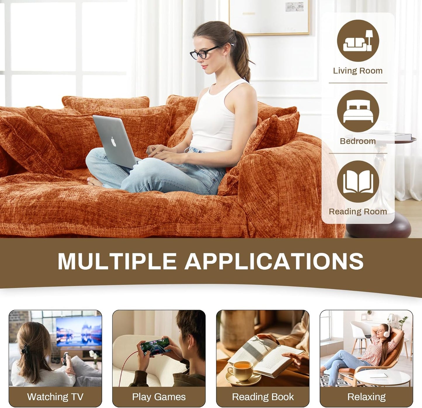 81.1" W Oversized Round Chaise Lounge, Fluffy Lazy Bean Bag Sofa with 14 Pillows, Comfy Chenille Upholstered Barrel Sleeper Bed, Modern Deep Seat Cloud Couch for Living Room, Orange