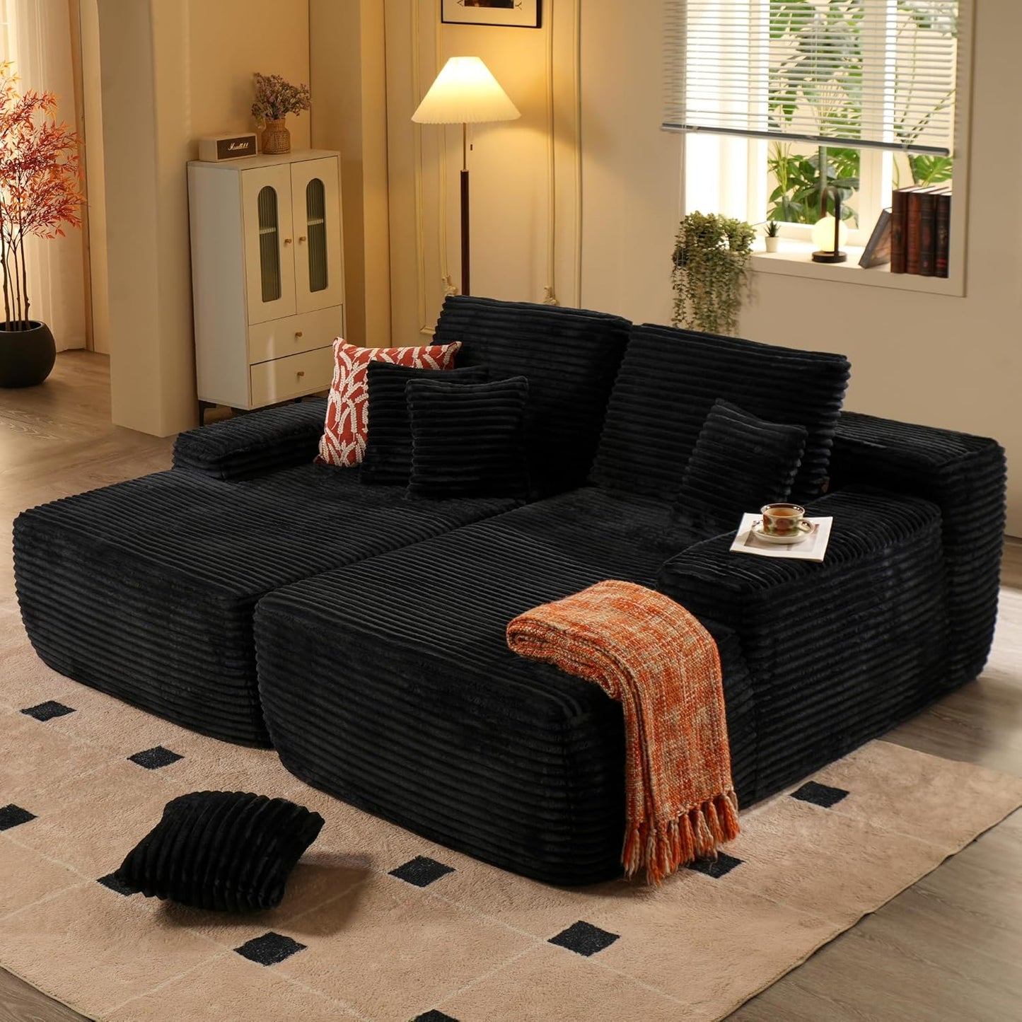 ovios 58" Oversized Round Chair Lounge Chaise Indoor, No Assembly Required, Cloud Large Circle Chair with Plush Fuax Fur, Fluffy Modern Sleeper Sofa Bed for Reading Yoga, Black (Plush Corduroy Fabric)