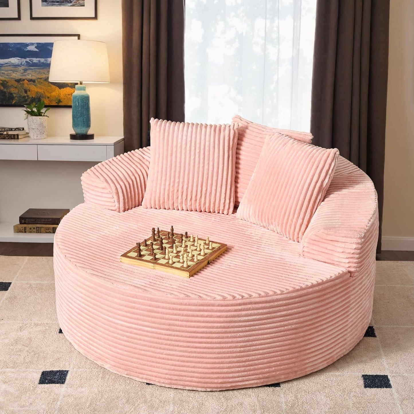 ovios 58" Oversized Round Chair Lounge Chaise Indoor, No Assembly Required, Cloud Large Circle Chair with Plush Fuax Fur, Fluffy Modern Sleeper Sofa Bed for Reading Yoga, Black (Plush Corduroy Fabric)