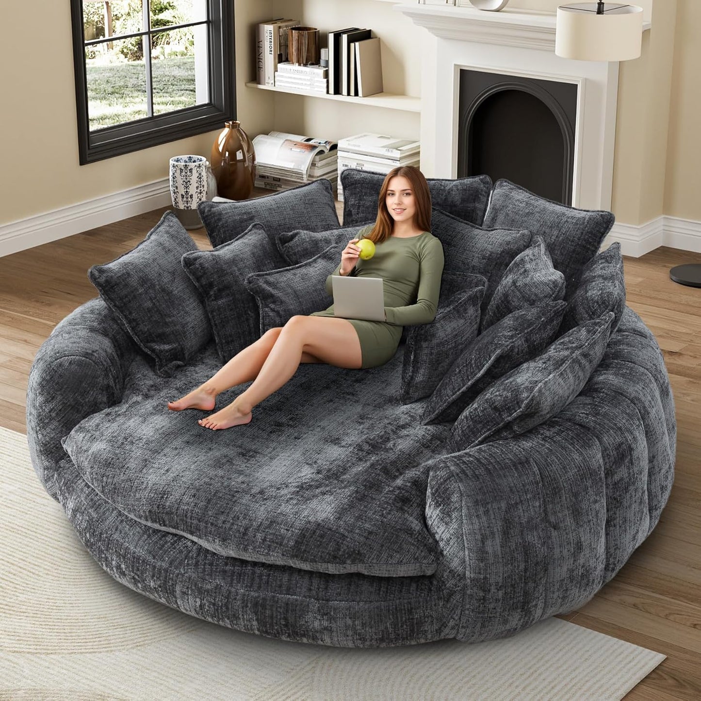 81” Oversized Upholstered Sofa Bed, Round Chaise Lounge Chair Indoor, Fluffy Plush Chaise Lounge, Modern Chenille Cloud Couch with Deep Seat, Comfy Bean Bag Chiar for Living Room Apartment, Dark Grey