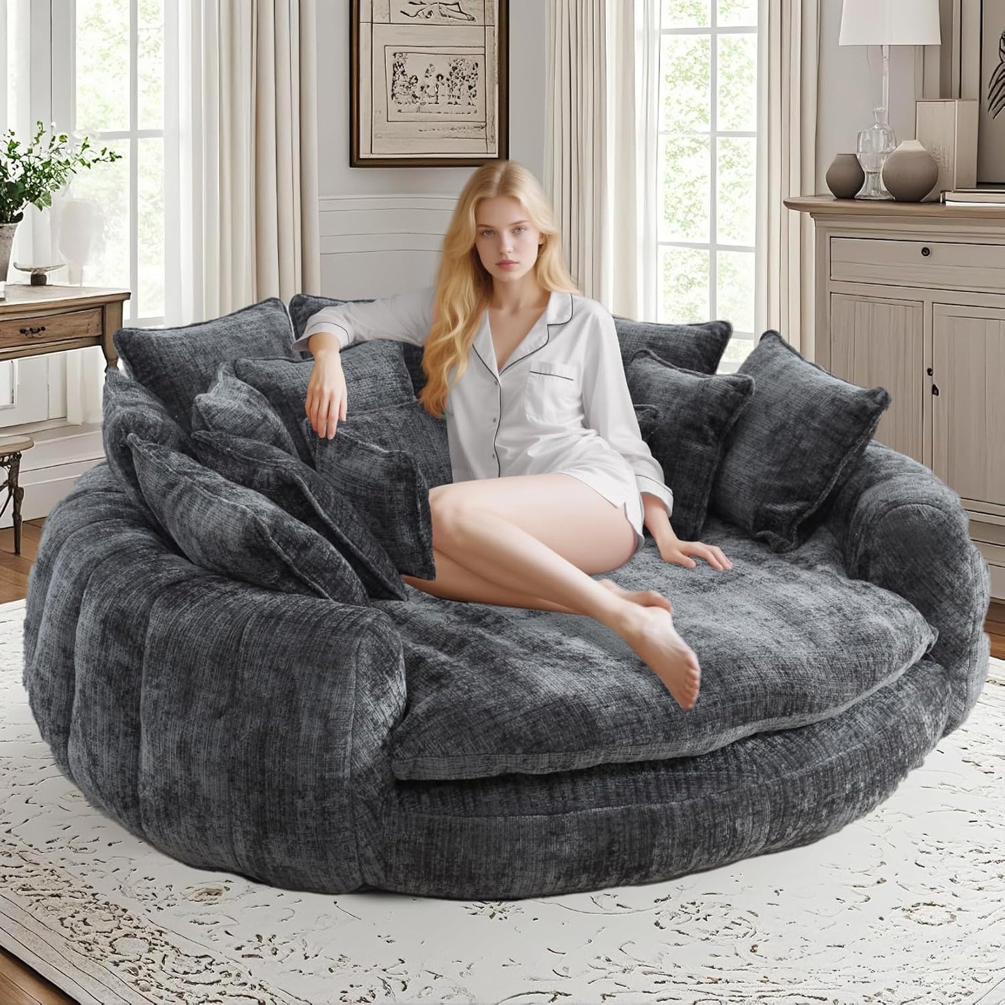 81'' Round Couches for Living Room, Comfy Boneless Couch, Circle Round Couch Bed with 14 Pillow, Oversized Chaise Lounge Chair Indoor, Floor Sleeper Sofa Bed, Full Memory Foam(Beige)