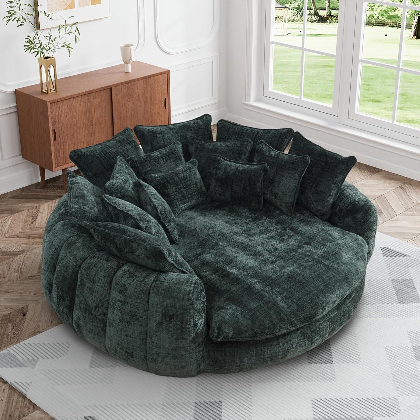 81.1" W Oversized Round Chaise Lounge, Fluffy Lazy Bean Bag Sofa with 14 Pillows, Comfy Chenille Upholstered Barrel Sleeper Bed, Modern Deep Seat Cloud Couch for Living Room, Orange