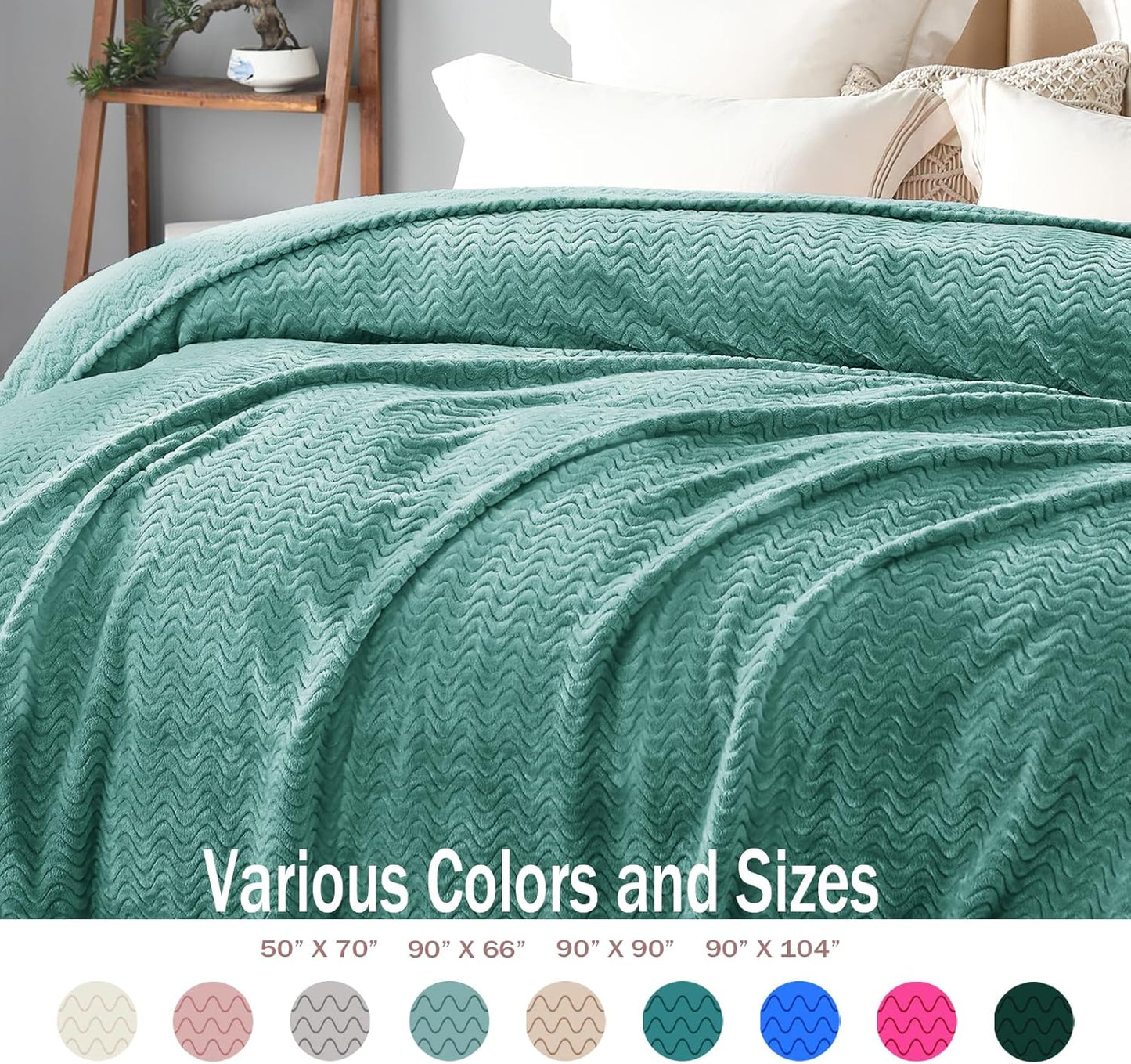 Exclusivo Mezcla Soft Fleece Throw Blanket for Couch, Cozy Lightweight Blankets with Decorative Wave Textured Suitable for All Season Use, Celadon, 50x70 Inches