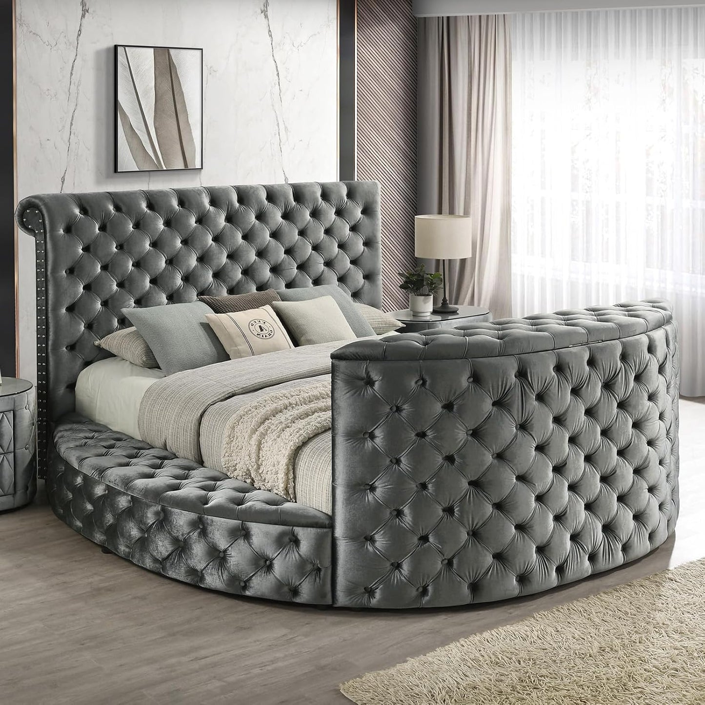 Round Bed Frame with Fireplace and TV Stand - Velvet Circle Bed with Tufted Headboard & Footboard, Upholstered Sleigh Bed King Size, Luxury Bedframe with Side Storage Stools for Bedroom Furniture