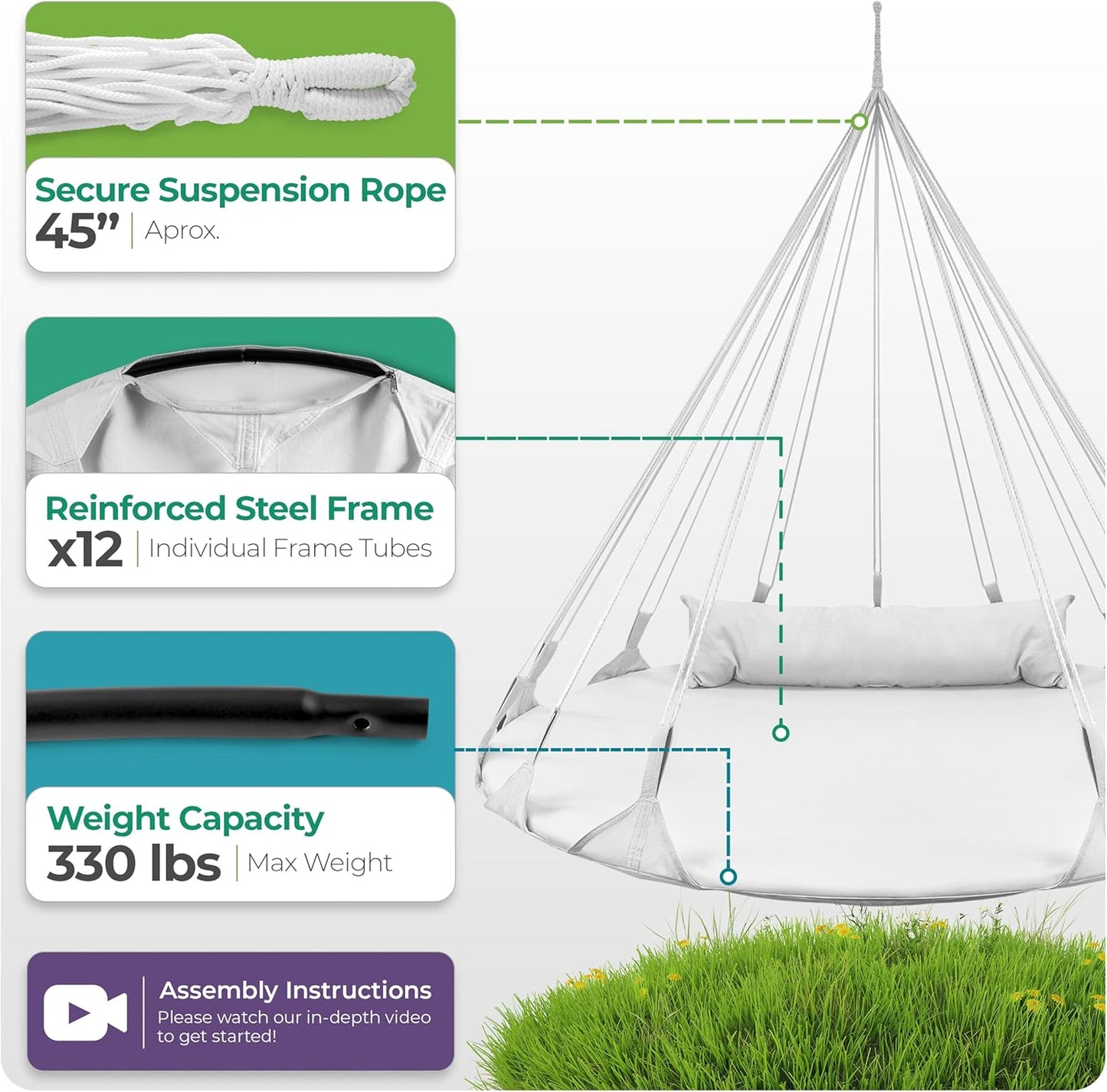 Sorbus 56" Stylish Hanging Swing Nest - Premium Cotton Double Hammock Daybed Saucer Style Lounger Swing Chair- 264lbs Sturdy Spinner Tree w/Pillow - Easy Setup - for Indoor/Outdoor, Travel - White