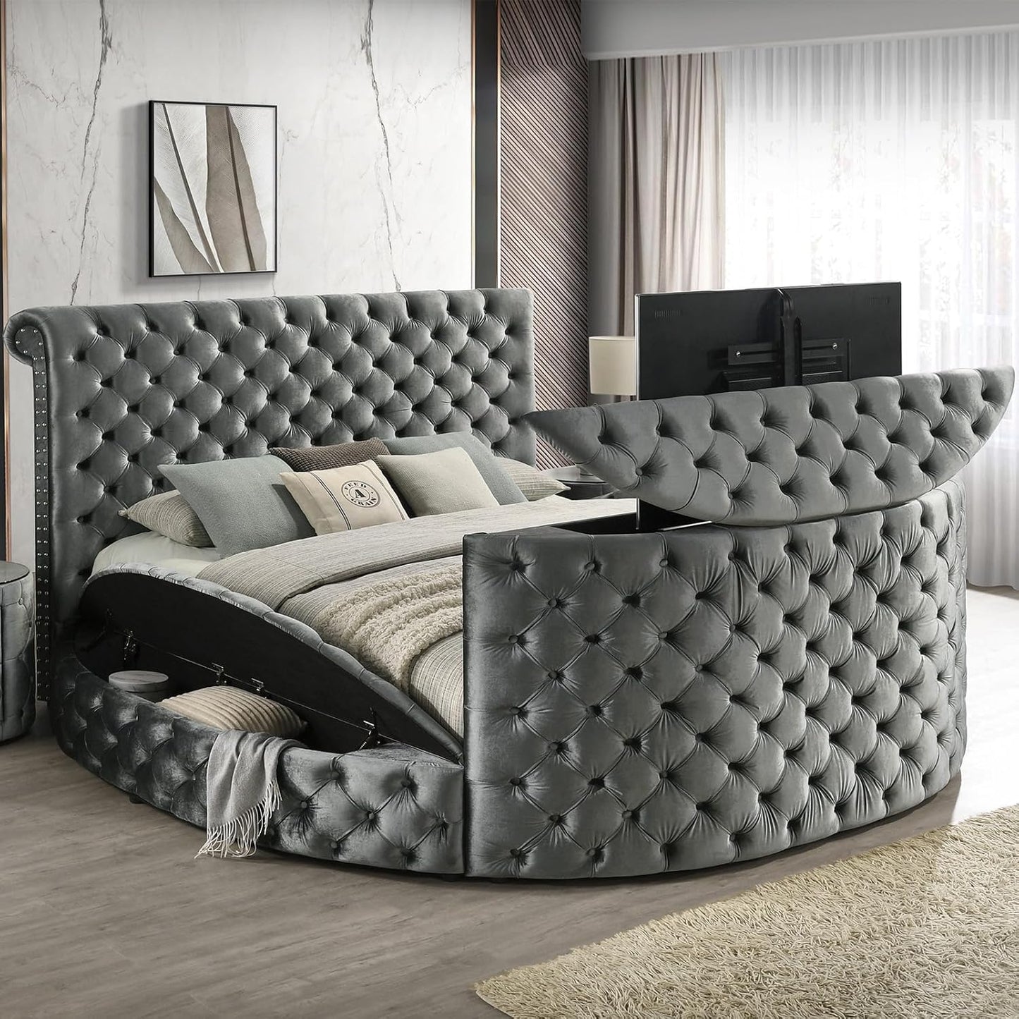 Round Bed Frame with Fireplace and TV Stand - Velvet Circle Bed with Tufted Headboard & Footboard, Upholstered Sleigh Bed King Size, Luxury Bedframe with Side Storage Stools for Bedroom Furniture