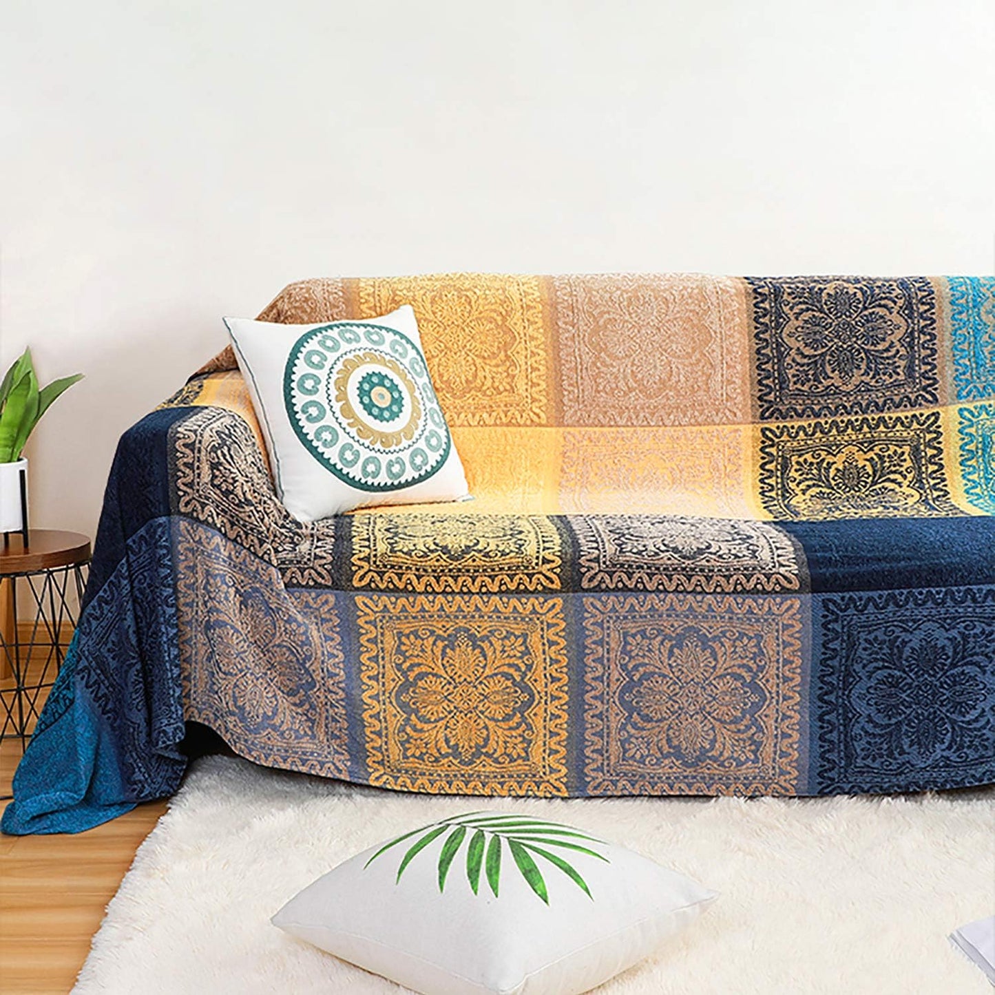 Bohemian Tribal Throws Blankets Reversible Colorful Red Blue Boho Hippie Chenille Jacquard Fabric Throw Covers Large Couch Furniture Sofa Chair Loveseat Recliner Oversized (Blue, S:75x60)