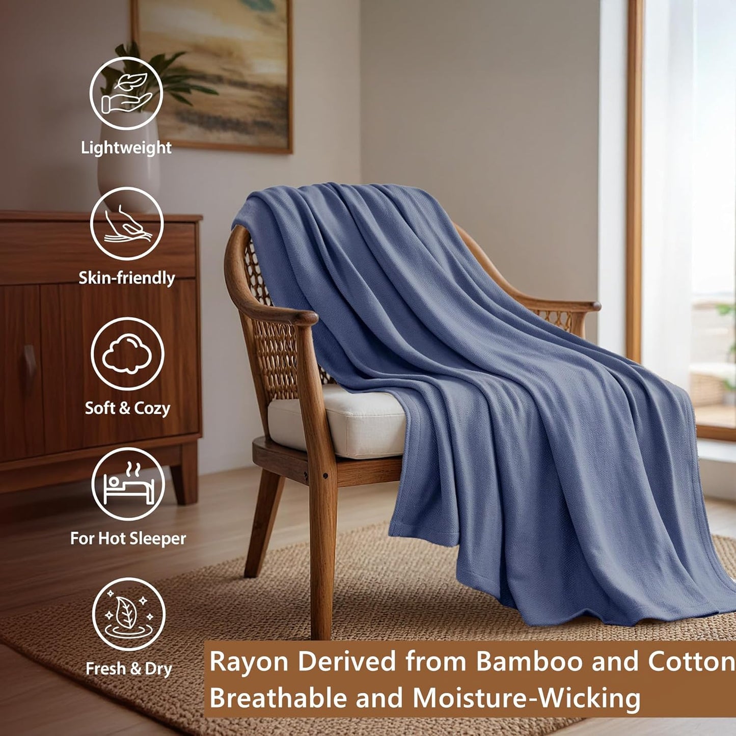 Queen Size Blanket, 70% Rayon (Derived from Bamboo) and 30% Cotton, Lightweight Jacquard Weave, Breathable and Soft Summer Blanket for Bed or Couch, 90” x 90”, Navy