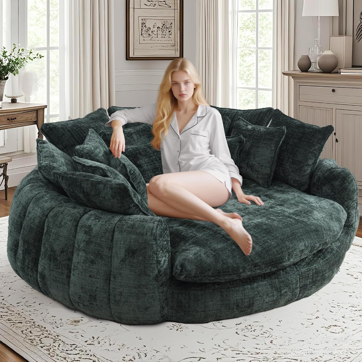 81'' Round Couches for Living Room, Comfy Boneless Couch, Circle Round Couch Bed with 14 Pillow, Oversized Chaise Lounge Chair Indoor, Floor Sleeper Sofa Bed, Full Memory Foam(Beige)