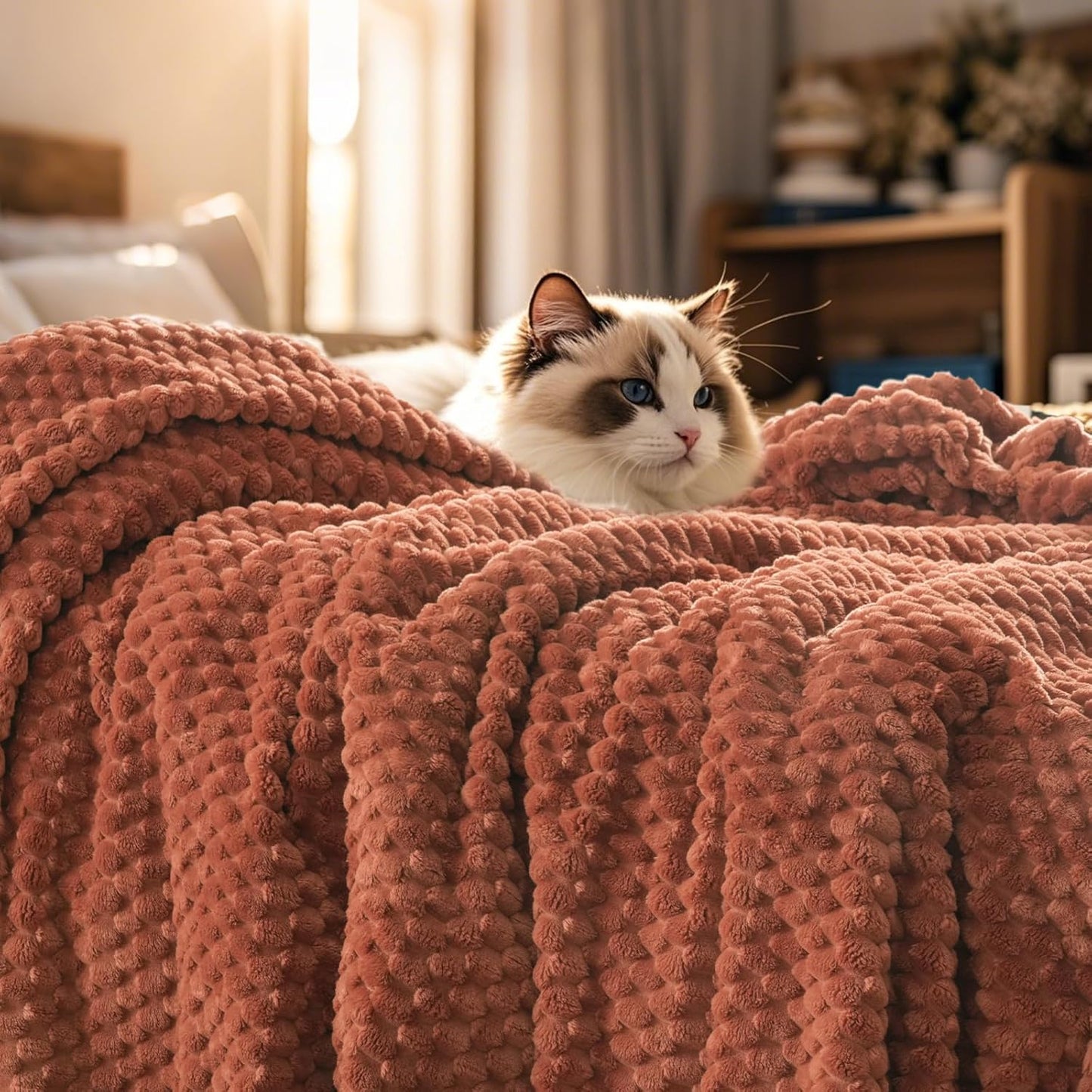 PHF Ultra Soft Flannel Fleece Blanket Queen Size, Lightweight 3D Jacquard Fleece Blanket, No Shedding, No Pilling, Luxury 340GSM Aesthetic Fluffy Cozy for Bed Room Decor, 90"x90", Camel/Light Khaki