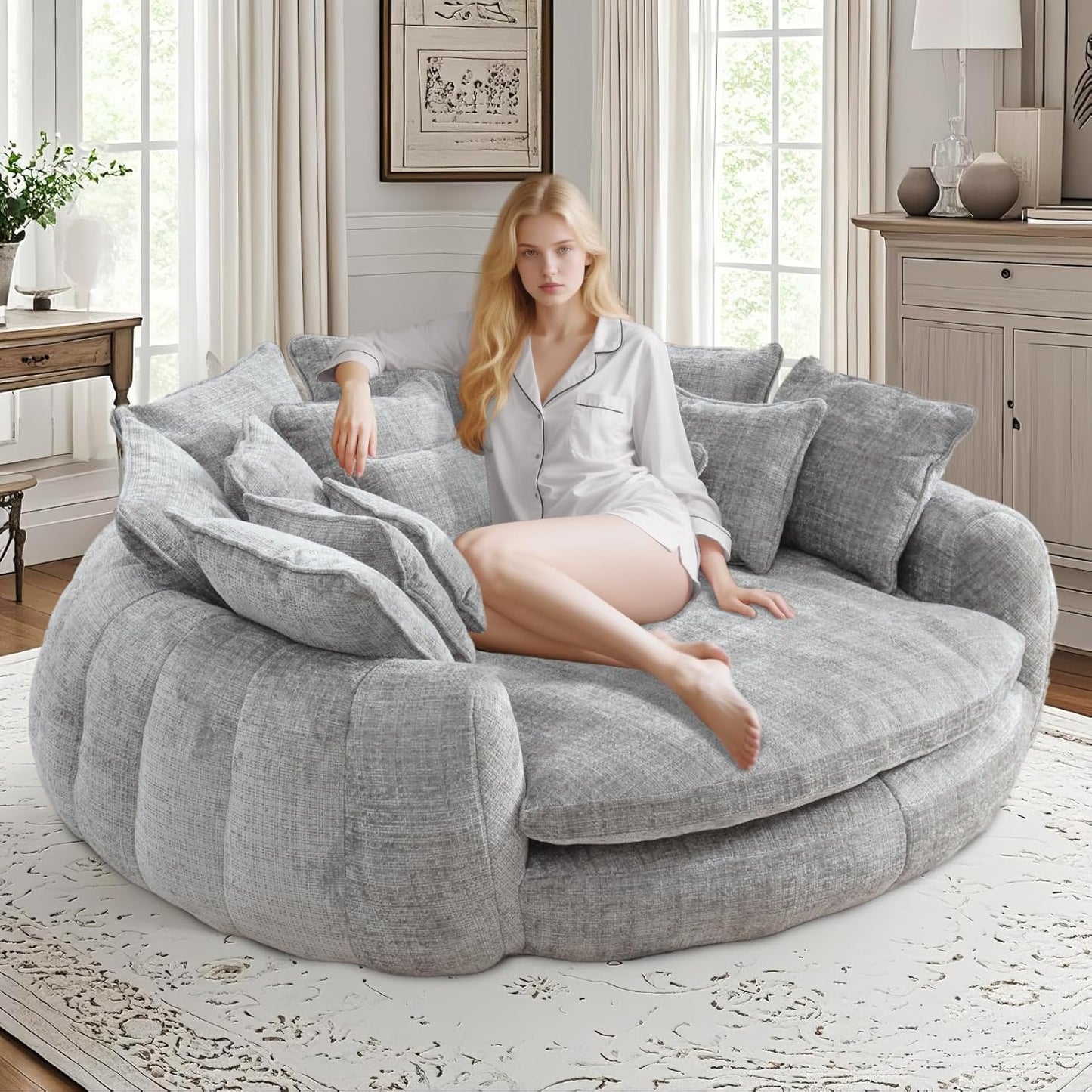 81'' Round Couches for Living Room, Comfy Boneless Couch, Circle Round Couch Bed with 14 Pillow, Oversized Chaise Lounge Chair Indoor, Floor Sleeper Sofa Bed, Full Memory Foam(Beige)