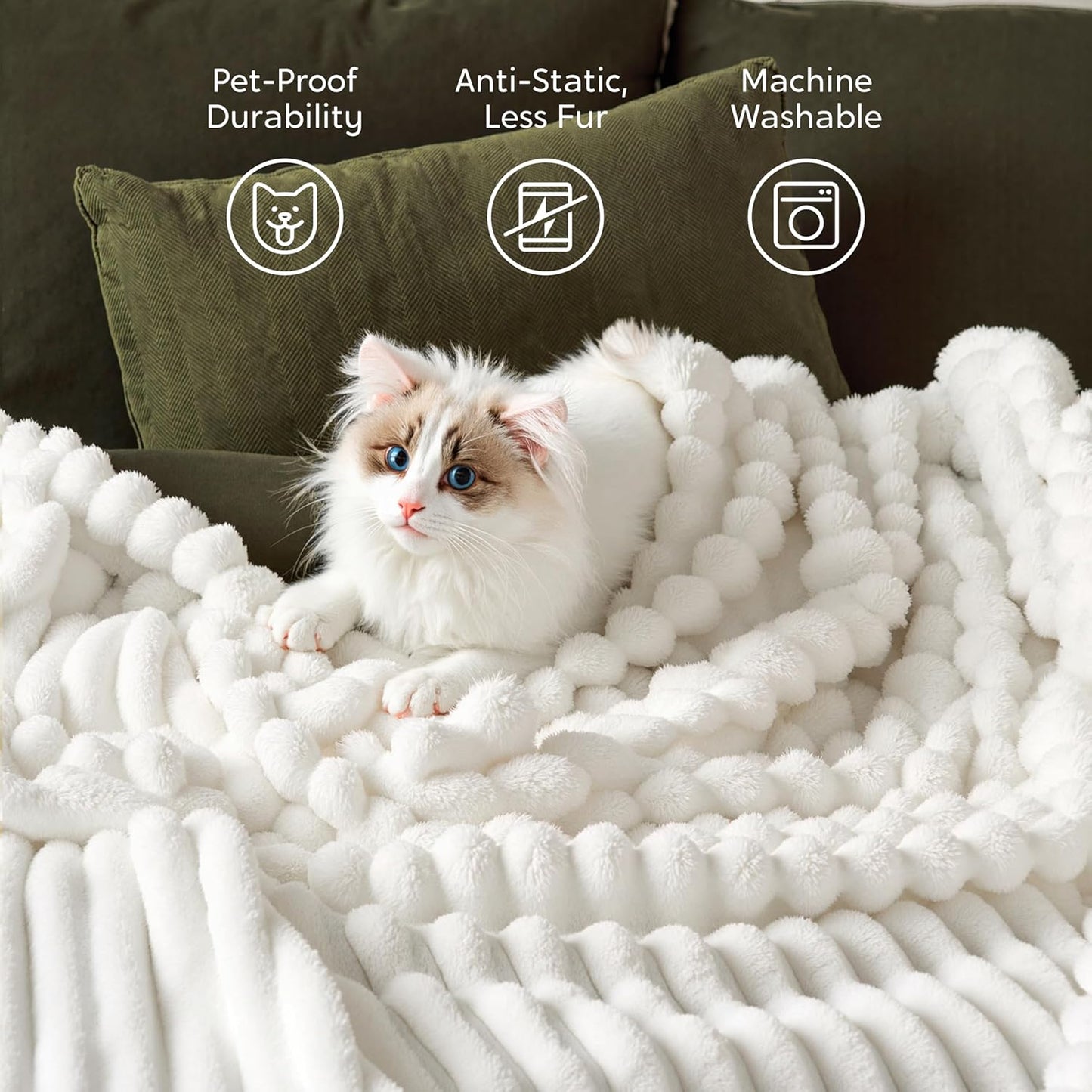 Joiedomi White Throw Blanket for Couch, Soft Fleece Blankets Birthday Gifts for Women Mom Girls, 3D Ribbed Jacquard Cozy Cute Soft Throw Aesthetic Gifts 50x60 Inches