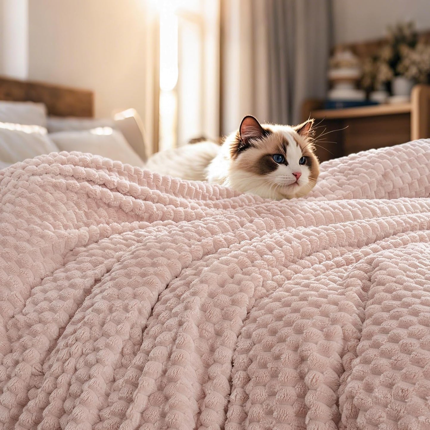 PHF Ultra Soft Flannel Fleece Blanket Queen Size, Lightweight 3D Jacquard Fleece Blanket, No Shedding, No Pilling, Luxury 340GSM Aesthetic Fluffy Cozy for Bed Room Decor, 90"x90", Camel/Light Khaki