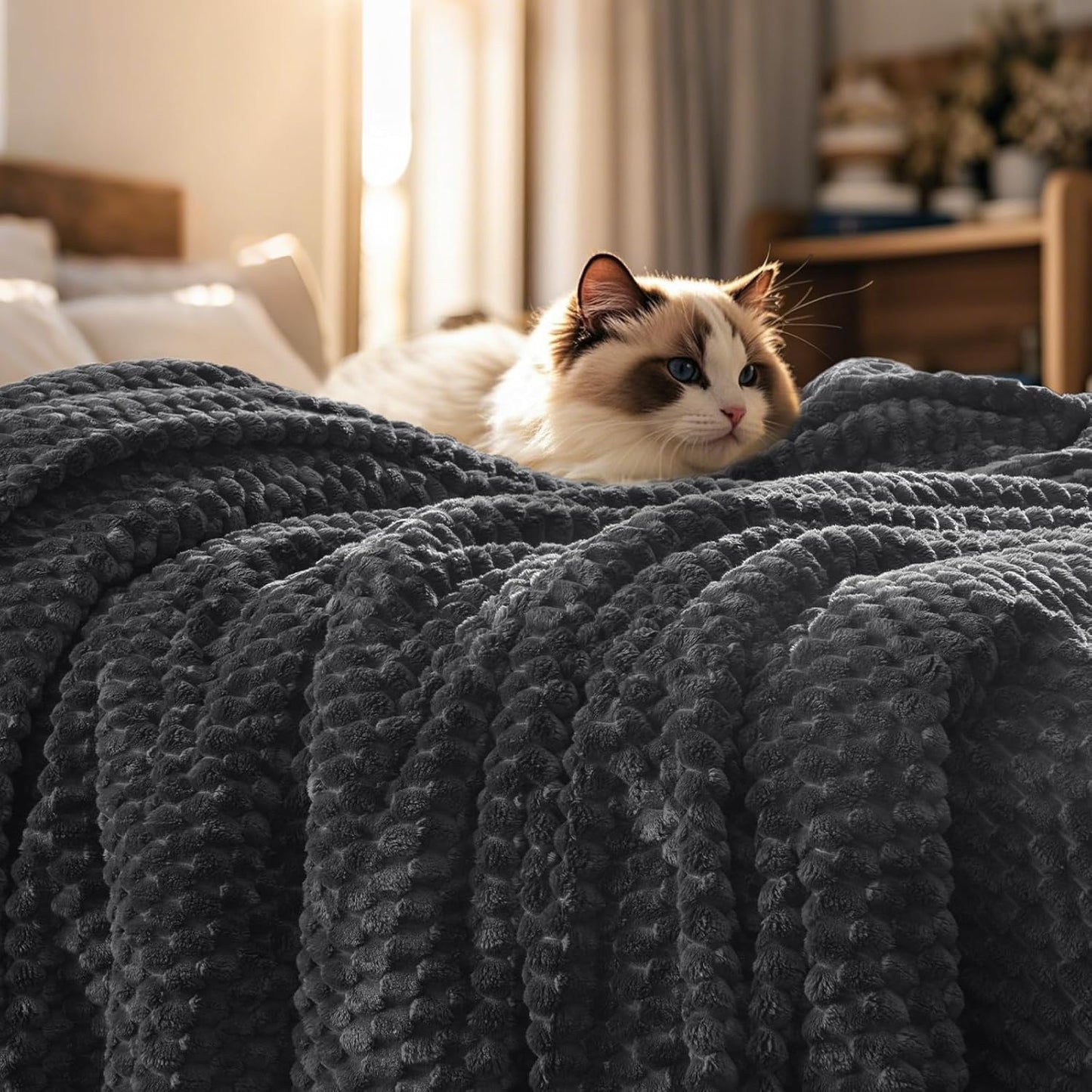 PHF Ultra Soft Flannel Fleece Blanket Queen Size, Lightweight 3D Jacquard Fleece Blanket, No Shedding, No Pilling, Luxury 340GSM Aesthetic Fluffy Cozy for Bed Room Decor, 90"x90", Camel/Light Khaki