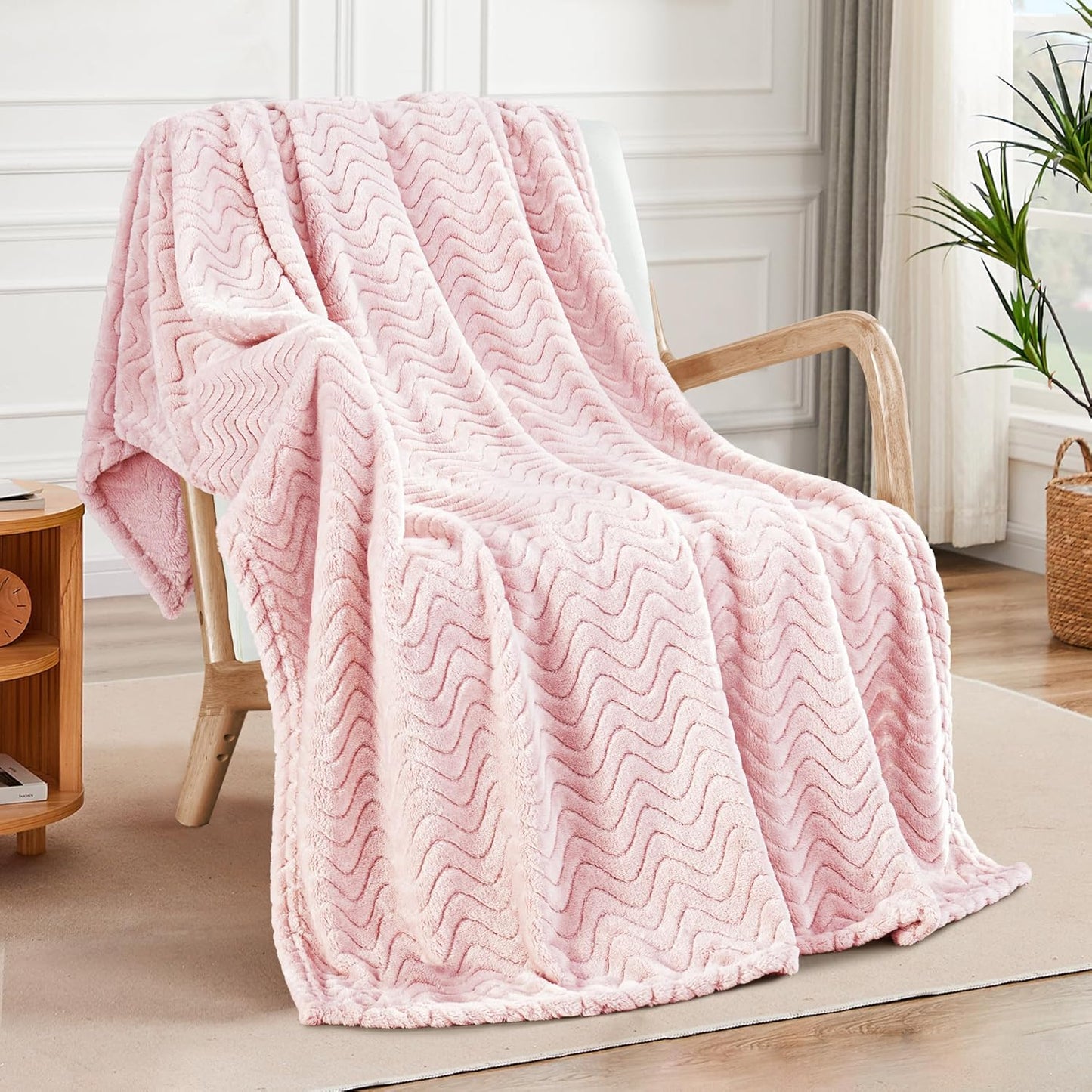 Exclusivo Mezcla Soft Fleece Throw Blanket for Couch, Cozy Lightweight Blankets with Decorative Wave Textured Suitable for All Season Use, Celadon, 50x70 Inches