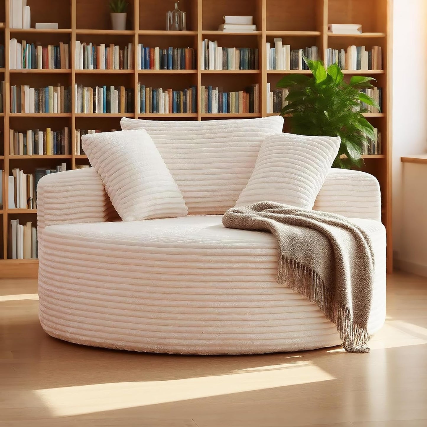 55" Oveiized Round Chair Louge Chaise Indoor,Corduroy Boneles Round Chair Sleeper Sofa Couch Bed,Flufy Modern Sleeper Boneless Couch for Reading,No Asembly Requied(Gray)