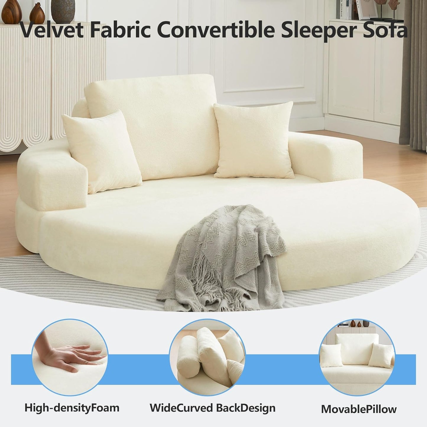 71" Convertible Sleeper Sofa Bed Upholstered Boneless Couch Floor Folding Sofa Bed Oversized Round Reading Chair, Living Room,Bedroom Apartment (Beige, 71")