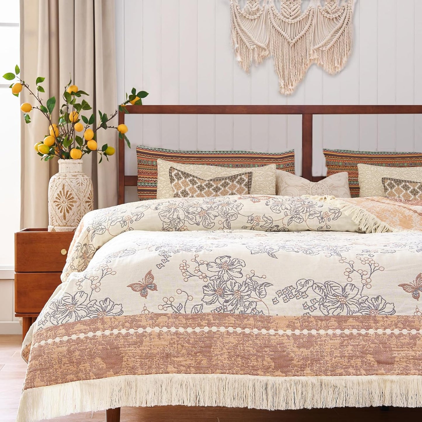 jinchan Boho 100% Cotton Muslin Twin Size 60x80 Inches Blanket Lightweight 4-Layer Quilted Soft Yellow and Blue Floral Throw Blanket Reversible Comfy Flower Breathable All Seasons Couch Bedroom Decor