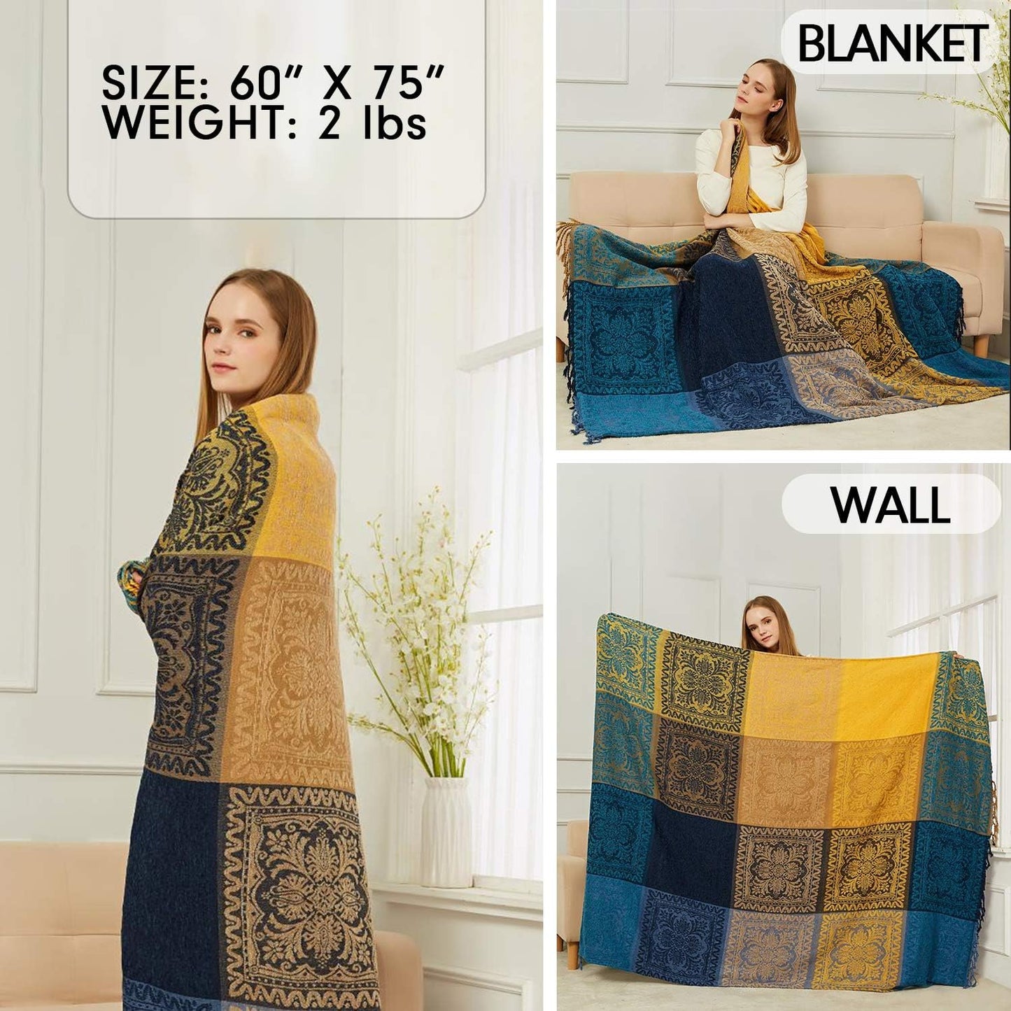 Bohemian Tribal Throws Blankets Reversible Colorful Red Blue Boho Hippie Chenille Jacquard Fabric Throw Covers Large Couch Furniture Sofa Chair Loveseat Recliner Oversized (Blue, S:75x60)