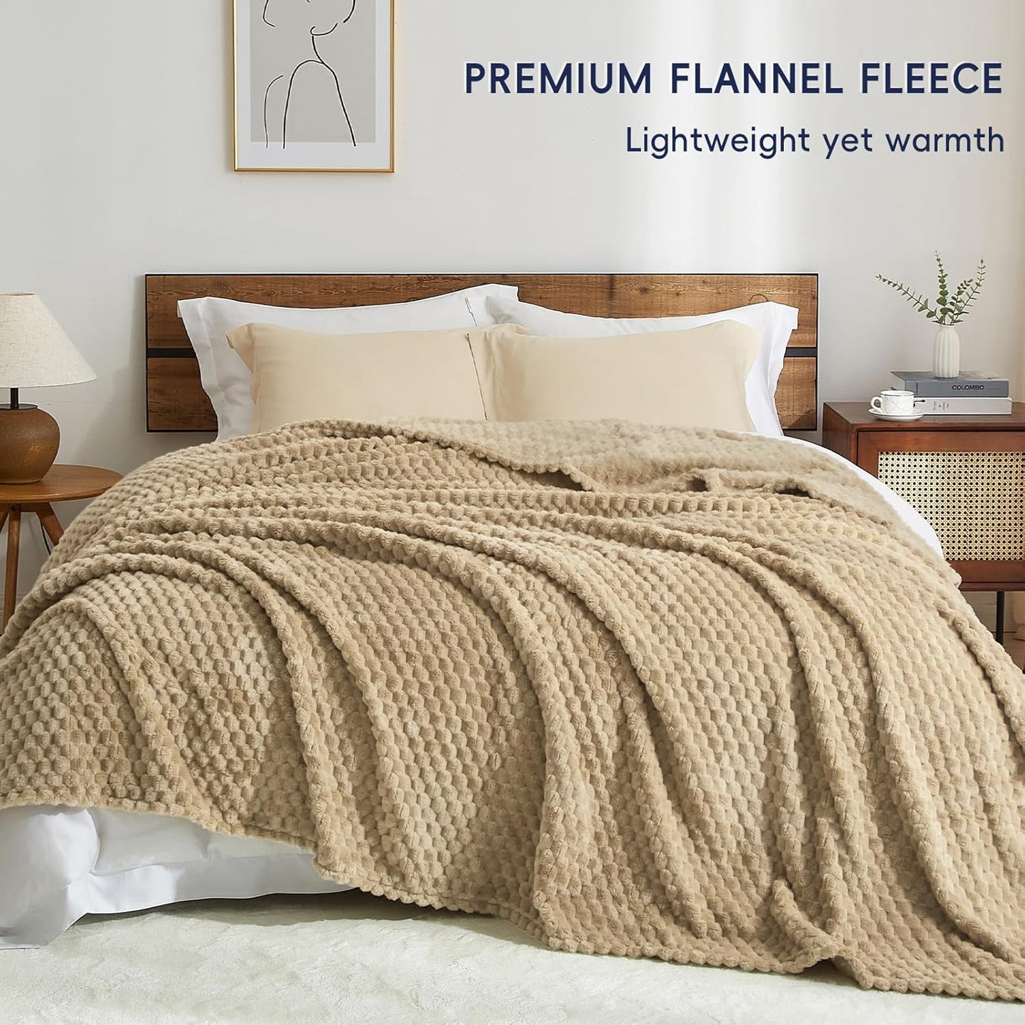 PHF Ultra Soft Flannel Fleece Blanket Queen Size, Lightweight 3D Jacquard Fleece Blanket, No Shedding, No Pilling, Luxury 340GSM Aesthetic Fluffy Cozy for Bed Room Decor, 90"x90", Camel/Light Khaki