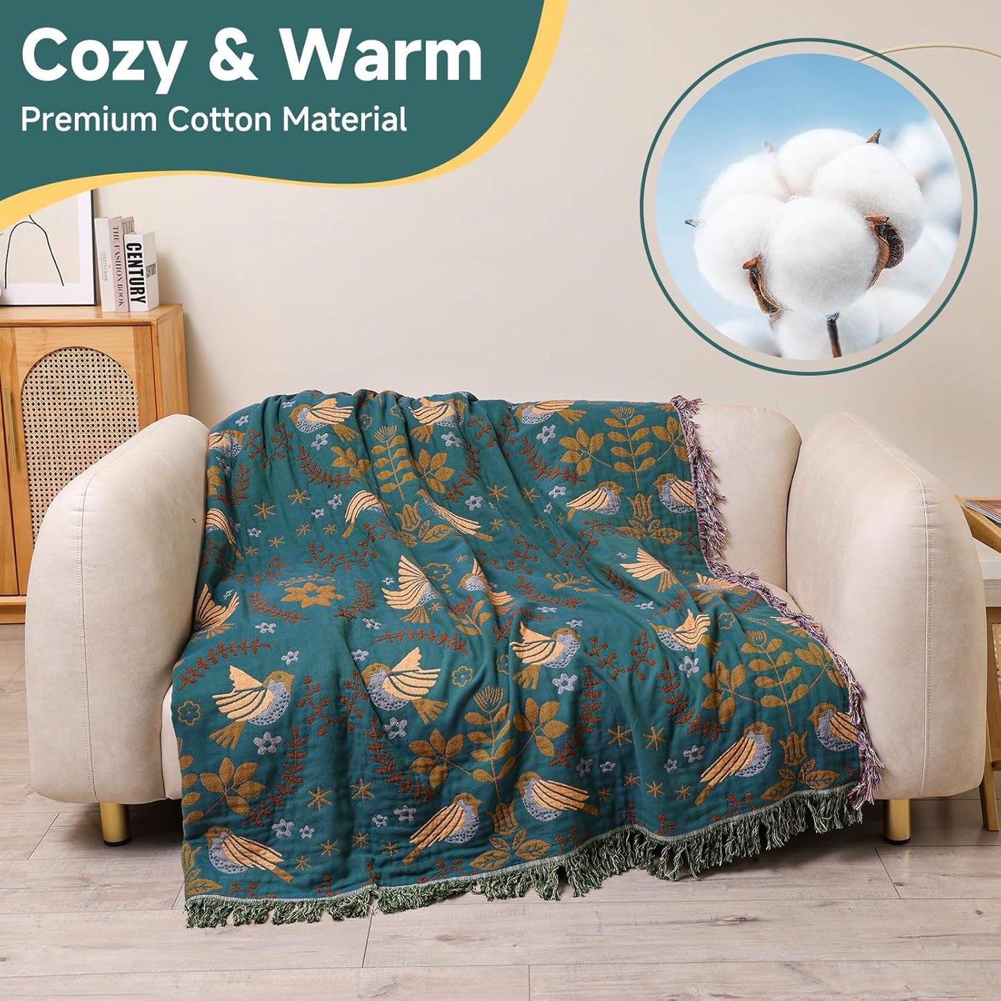 Boho Throw Blanket for Bed Couch 100% Cotton Woven Bed Throws for All Season Lightweight and Soft Cozy Farmhouse Reversible Muslin Decorative Blanket for Travel Picnic, Teal/Cream, 60''x80''