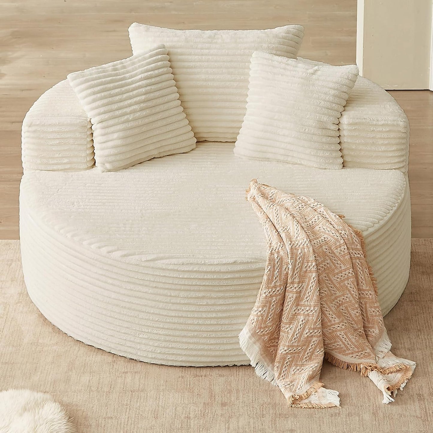 Oversized Round Chair Lounge Chaise Indoor, Upholstered Corduroy Deep Seat Cloud Large Circle Sofa Chair, No Assembly Required, Fluffy Modern Sleeper Sofa Bed for Reading, Living Room, Bedroom, White