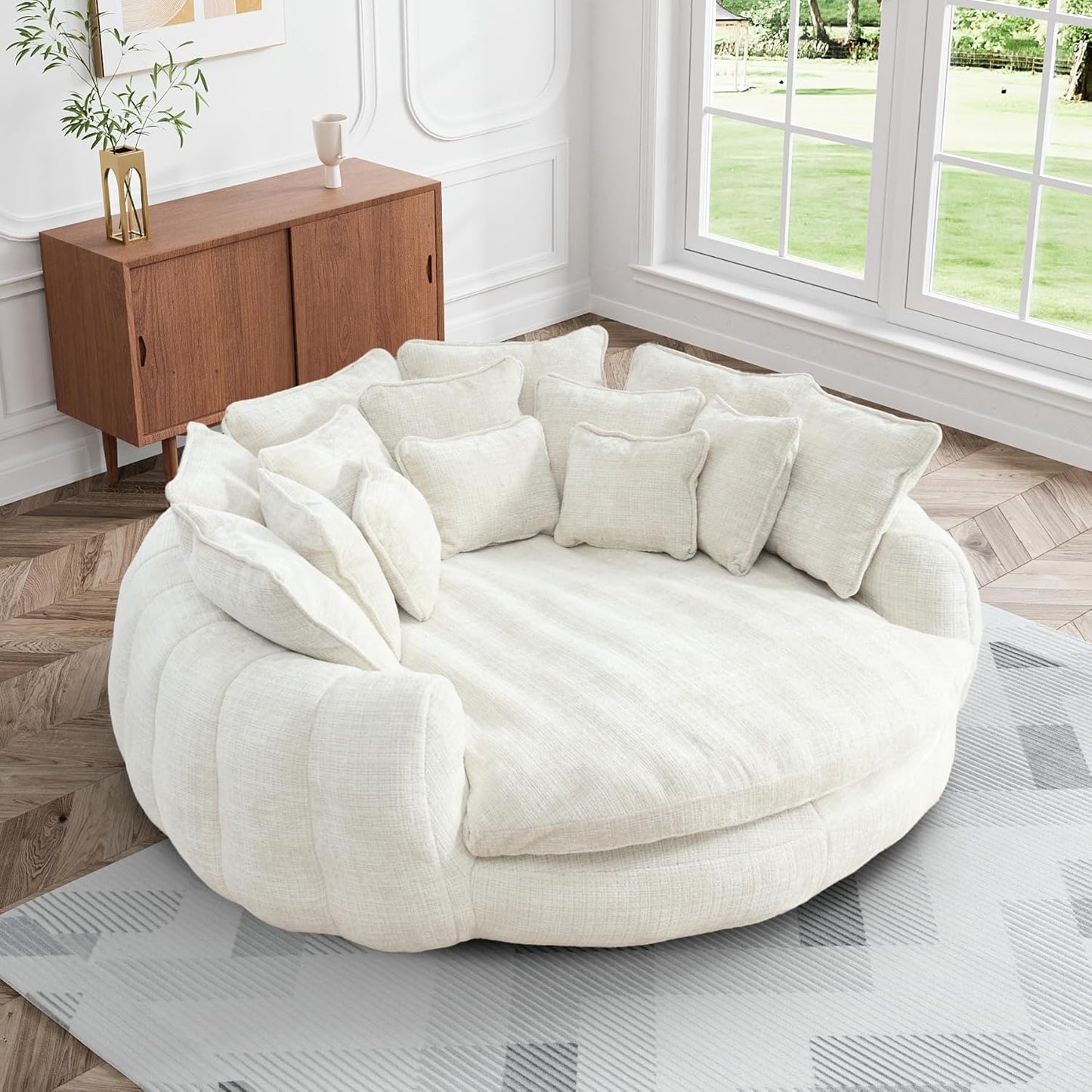 81.1" W Oversized Round Chaise Lounge, Fluffy Lazy Bean Bag Sofa with 14 Pillows, Comfy Chenille Upholstered Barrel Sleeper Bed, Modern Deep Seat Cloud Couch for Living Room, Orange