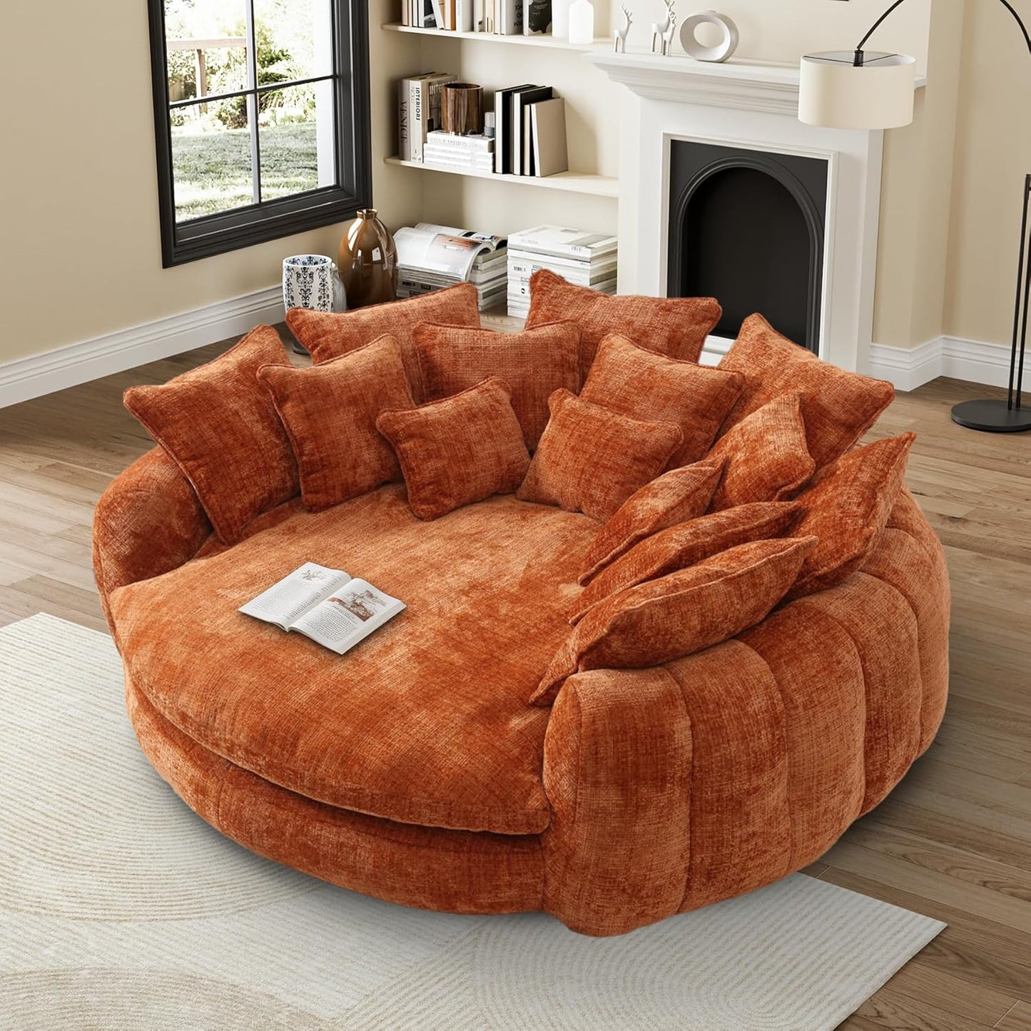 81” Oversized Upholstered Sofa Bed, Round Chaise Lounge Chair Indoor, Fluffy Plush Chaise Lounge, Modern Chenille Cloud Couch with Deep Seat, Comfy Bean Bag Chiar for Living Room Apartment, Dark Grey