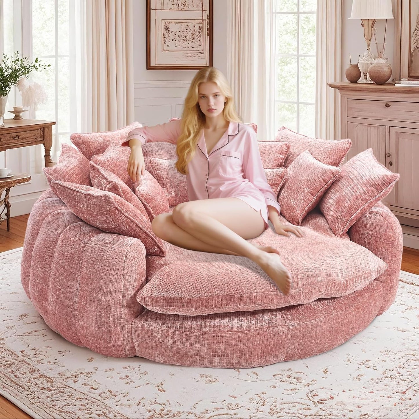 81'' Round Couches for Living Room, Comfy Boneless Couch, Circle Round Couch Bed with 14 Pillow, Oversized Chaise Lounge Chair Indoor, Floor Sleeper Sofa Bed, Full Memory Foam(Beige)