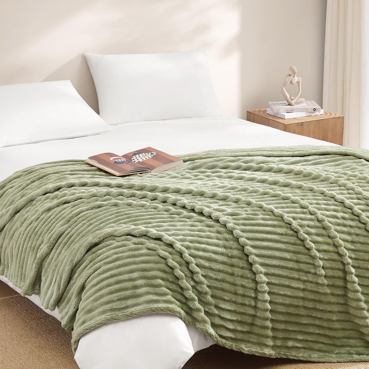 Geniospin Throw Blanket for Couch, Bed, Sofa – 280GSM Super Soft Lightweight Blanket with Stripe, 3D Ribbed Jacquard Blanket, Plush Fuzzy Cozy Throws, Warm and Breathable (Sage Green, 50x60 inches)