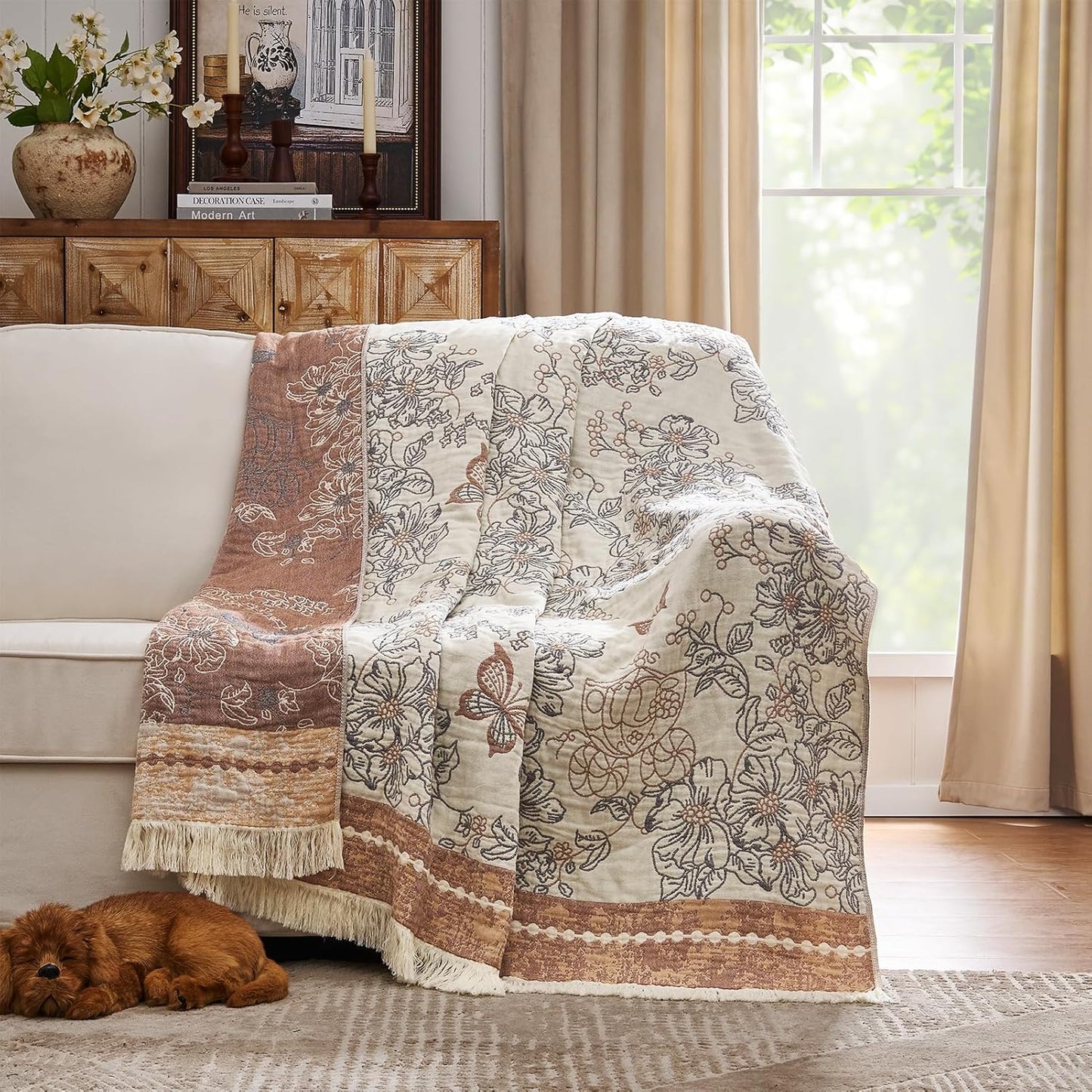 jinchan Boho 100% Cotton Muslin Twin Size 60x80 Inches Blanket Lightweight 4-Layer Quilted Soft Yellow and Blue Floral Throw Blanket Reversible Comfy Flower Breathable All Seasons Couch Bedroom Decor