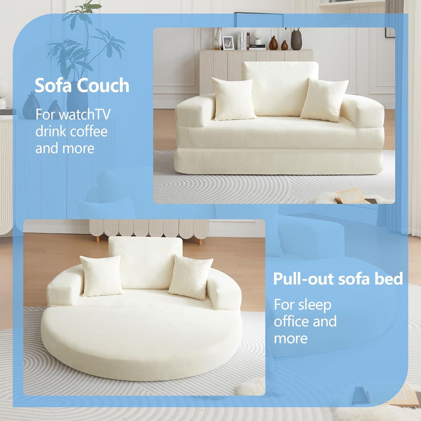 71" Convertible Sleeper Sofa Bed Upholstered Boneless Couch Floor Folding Sofa Bed Oversized Round Reading Chair, Living Room,Bedroom Apartment (Beige, 71")