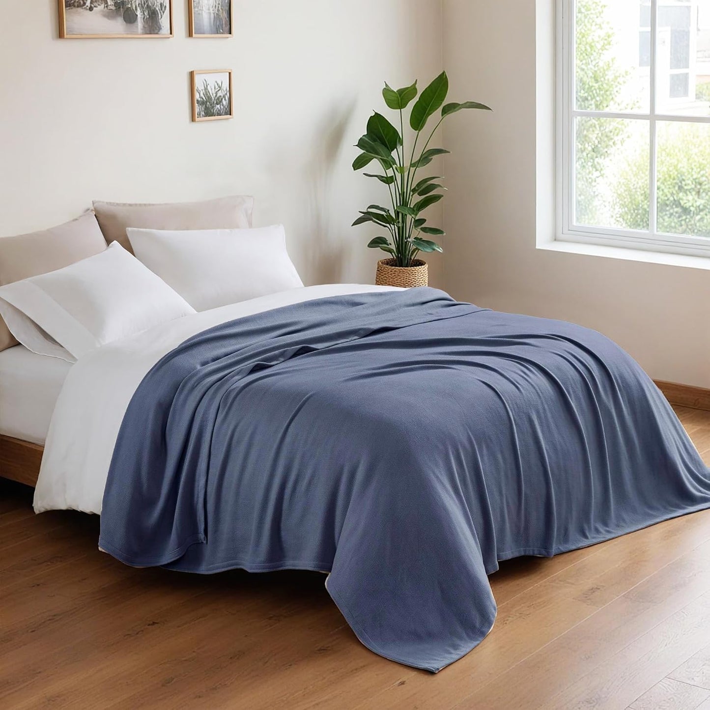Queen Size Blanket, 70% Rayon (Derived from Bamboo) and 30% Cotton, Lightweight Jacquard Weave, Breathable and Soft Summer Blanket for Bed or Couch, 90” x 90”, Navy