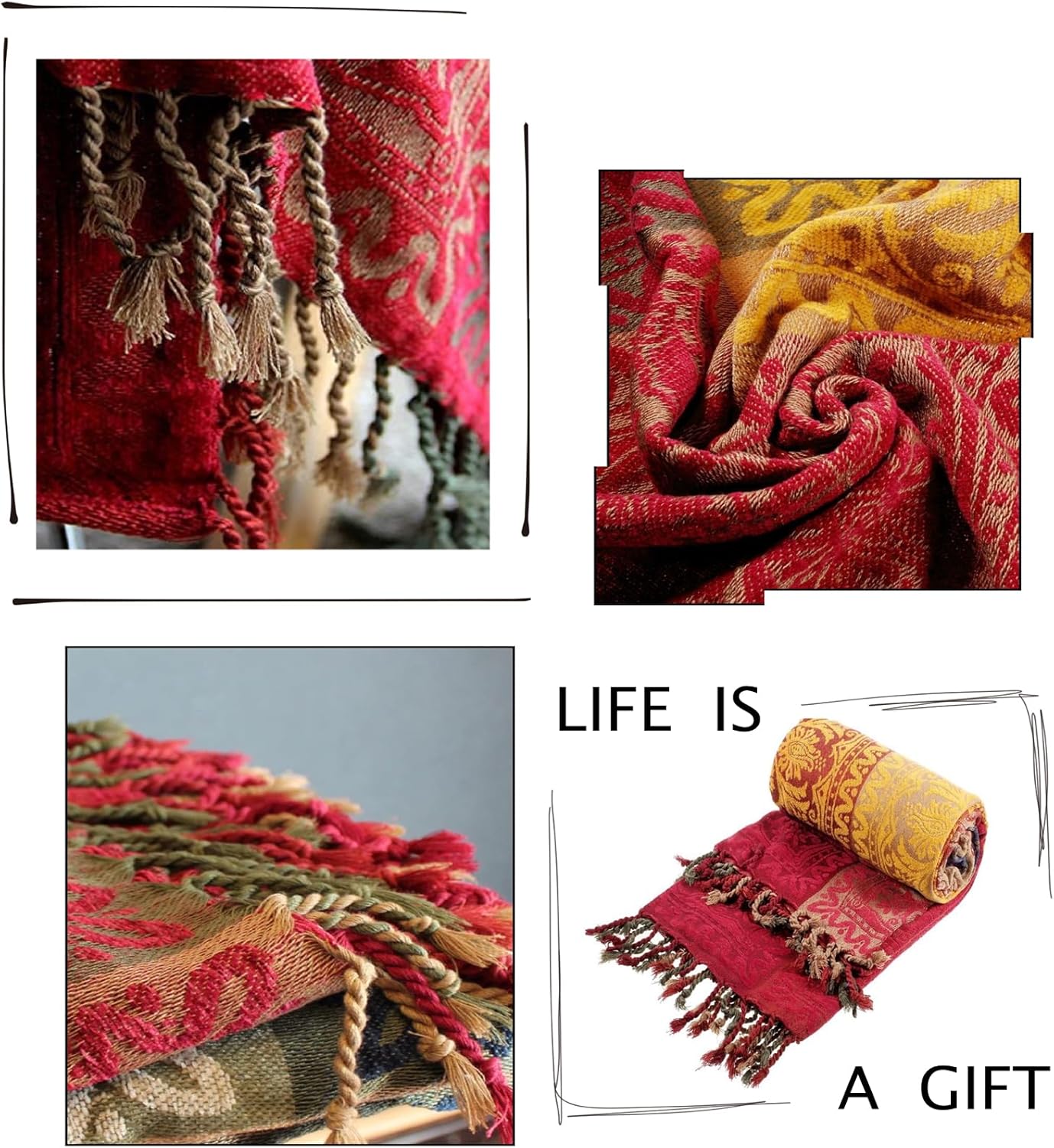 Boho Throw Blanket, Chenille Jacquard Tassels Throw Blankets for Bed Couch Soft Chair, Bohemian Fringe Tassels (Red, S:60x75
