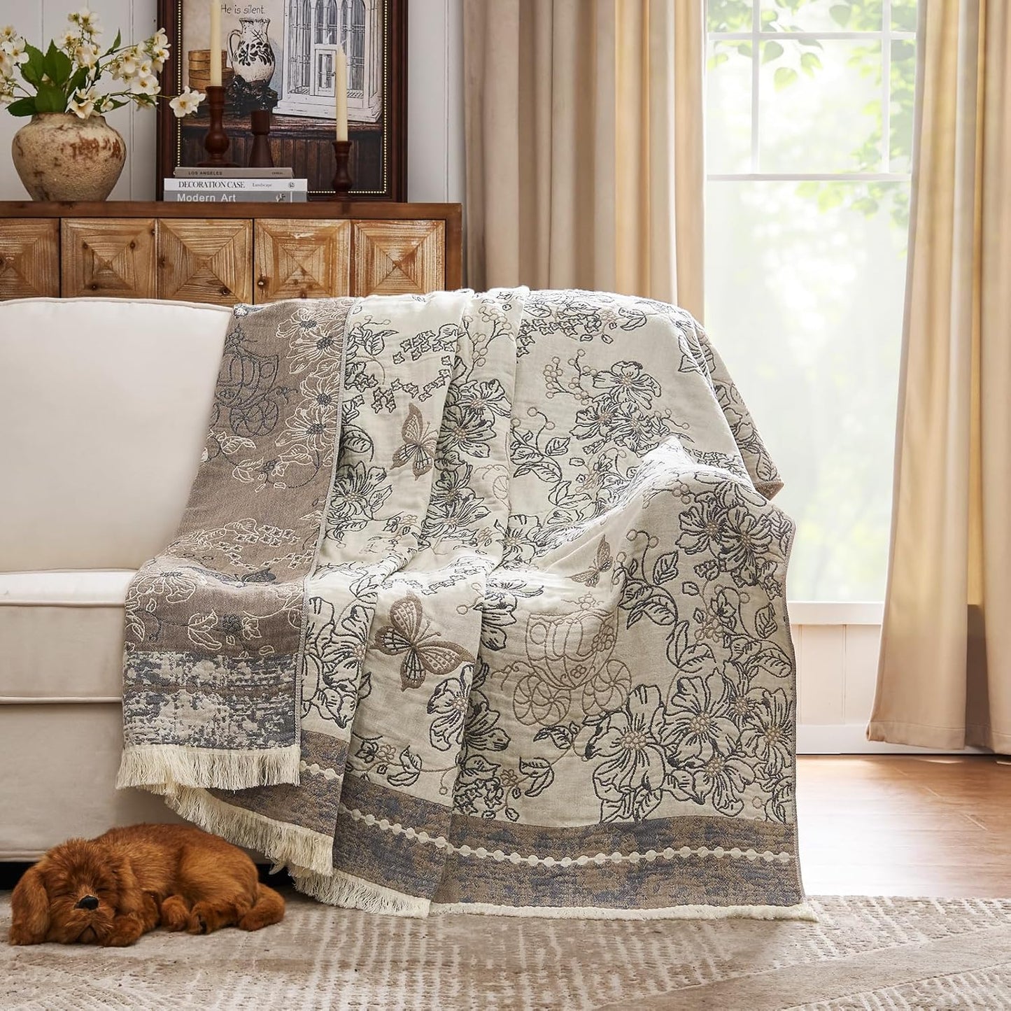 jinchan Boho 100% Cotton Muslin Twin Size 60x80 Inches Blanket Lightweight 4-Layer Quilted Soft Yellow and Blue Floral Throw Blanket Reversible Comfy Flower Breathable All Seasons Couch Bedroom Decor