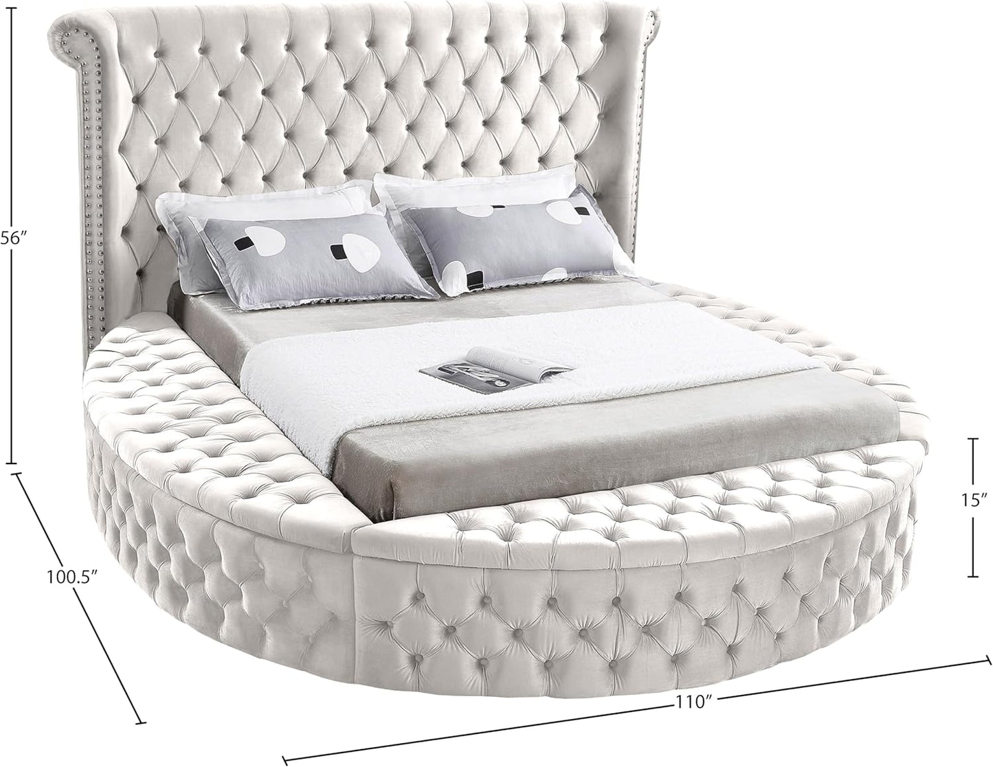 Meridian Furniture Luxus Collection Modern | Contemporary Round Shaped Velvet Upholstered Bed with Deep Button Tufting and Footboard Storage, King, Cream