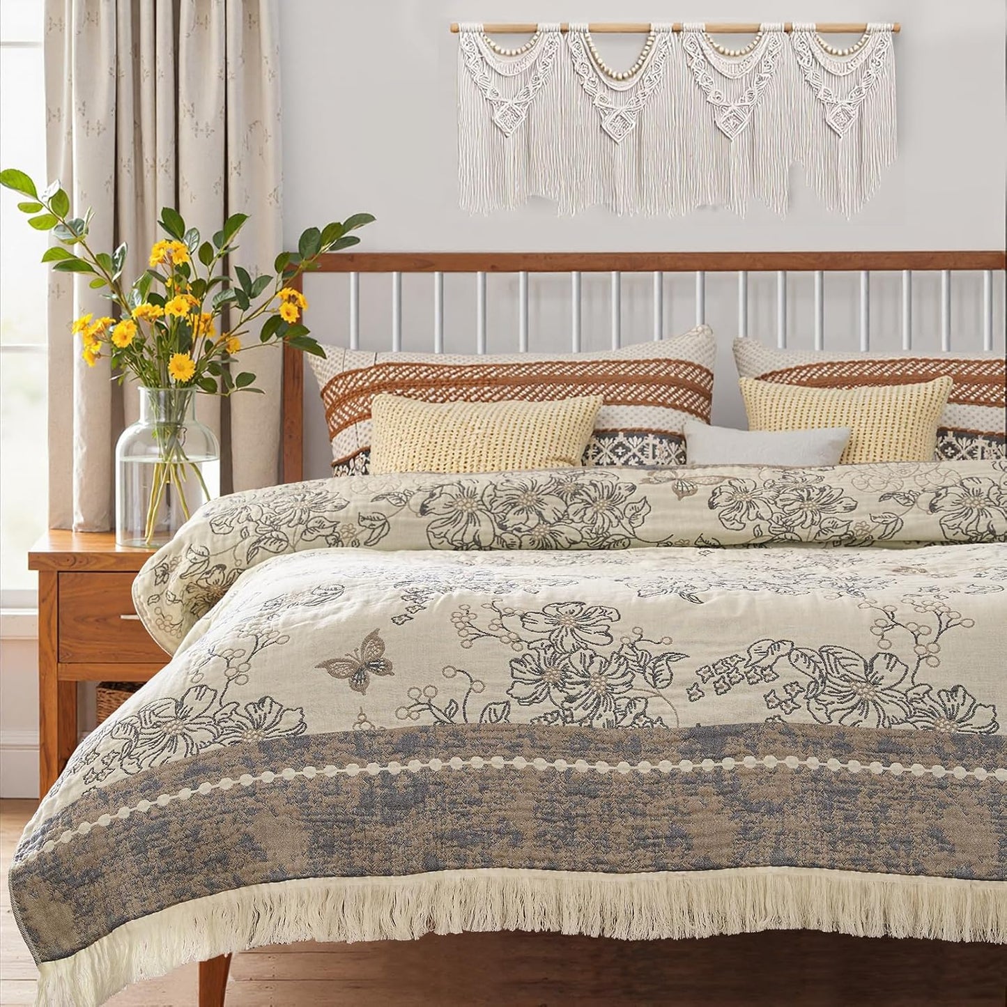 jinchan Boho 100% Cotton Muslin Twin Size 60x80 Inches Blanket Lightweight 4-Layer Quilted Soft Yellow and Blue Floral Throw Blanket Reversible Comfy Flower Breathable All Seasons Couch Bedroom Decor