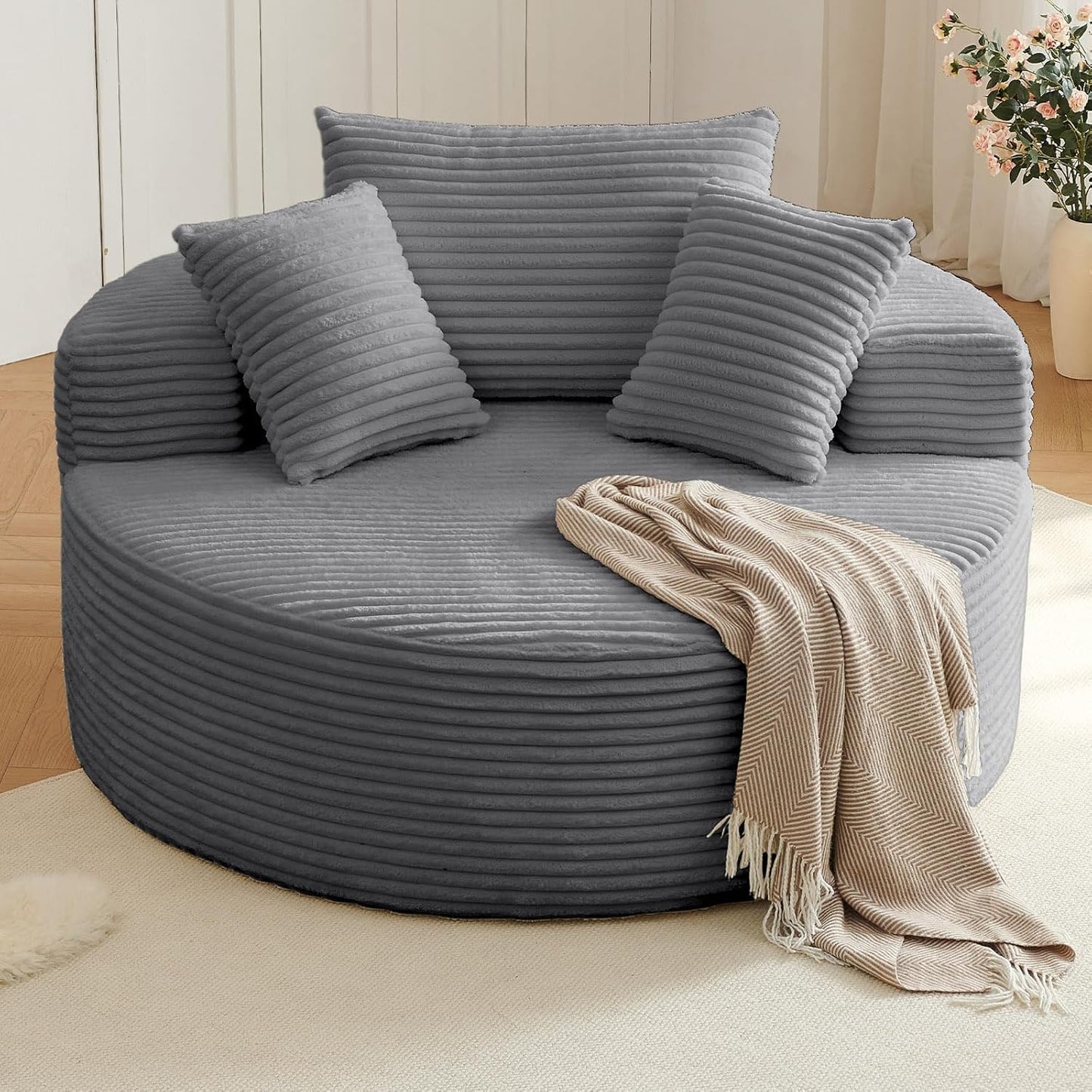 Oversized Round Chair Lounge Chaise Indoor, Upholstered Corduroy Deep Seat Cloud Large Circle Sofa Chair, No Assembly Required, Fluffy Modern Sleeper Sofa Bed for Reading, Living Room, Bedroom, White
