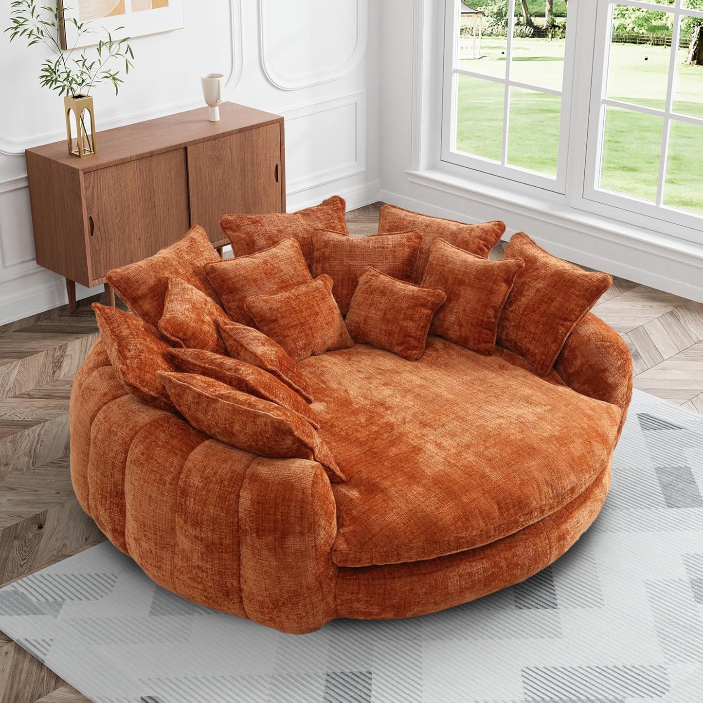 81.1" W Oversized Round Chaise Lounge, Fluffy Lazy Bean Bag Sofa with 14 Pillows, Comfy Chenille Upholstered Barrel Sleeper Bed, Modern Deep Seat Cloud Couch for Living Room, Orange