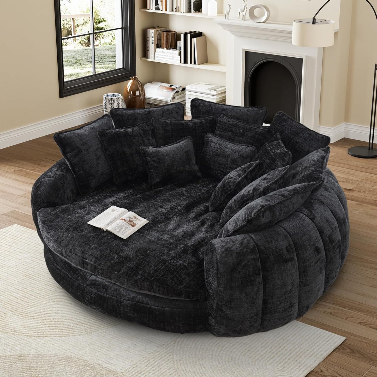 81” Oversized Upholstered Sofa Bed, Round Chaise Lounge Chair Indoor, Fluffy Plush Chaise Lounge, Modern Chenille Cloud Couch with Deep Seat, Comfy Bean Bag Chiar for Living Room Apartment, Dark Grey