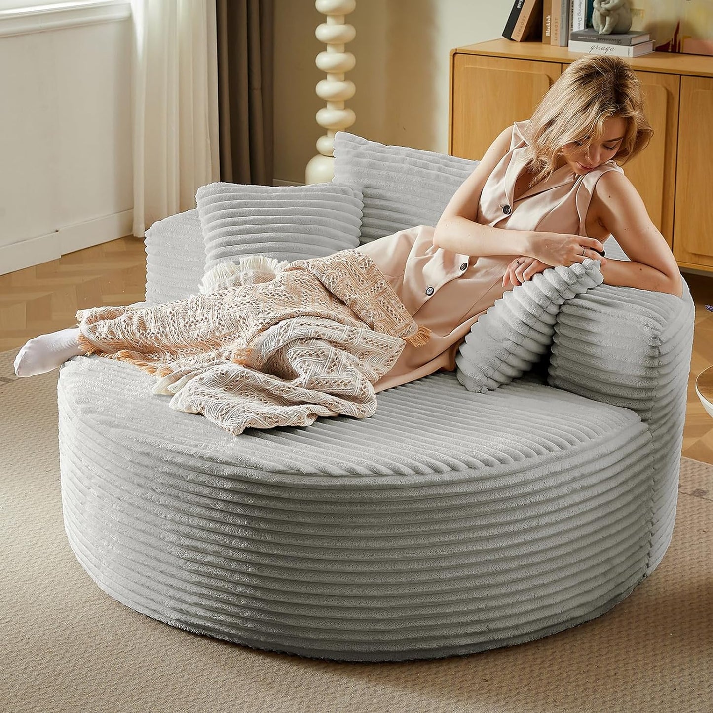 Oversized Round Chair Lounge Chaise Indoor, Upholstered Corduroy Deep Seat Cloud Large Circle Sofa Chair, No Assembly Required, Fluffy Modern Sleeper Sofa Bed for Reading, Living Room, Bedroom, White